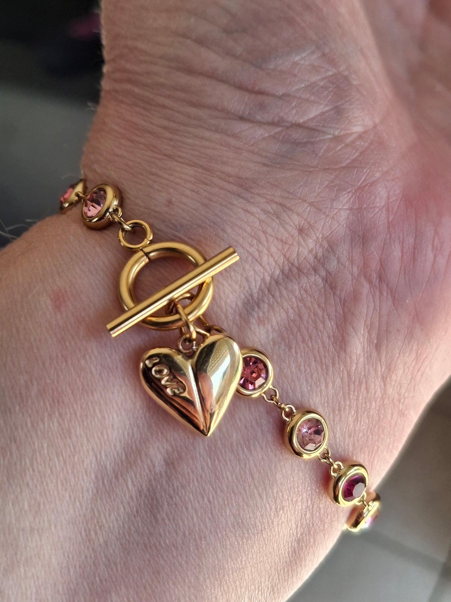 Armband, sehr schöne goldfarbene Kette, Edelstahl 316, mit Kristall besetzt, Knebelverschluss, Herzanhänger, Edelstahl 316