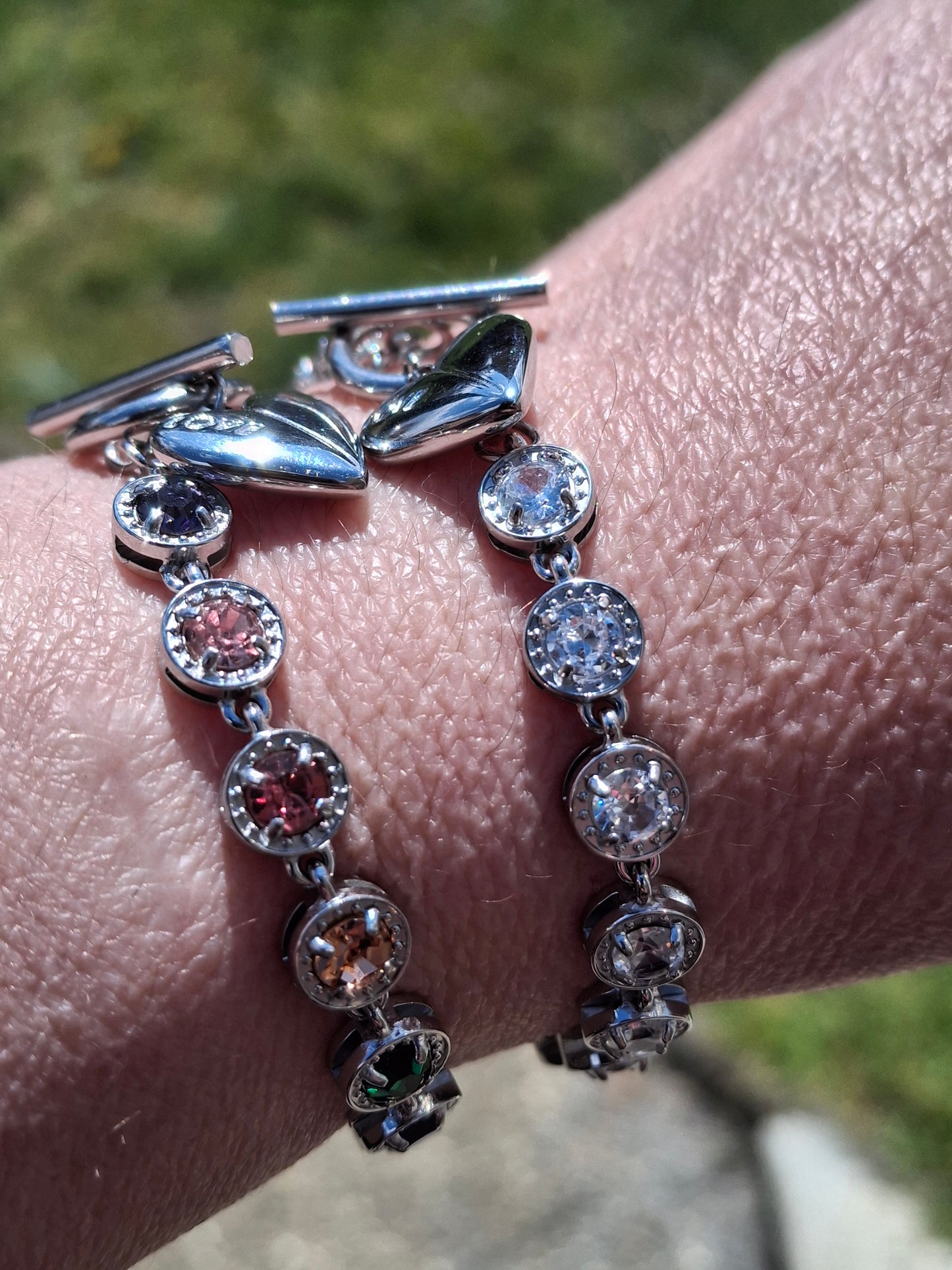 Armband sehr schöne Gliederkette, silberfarben, Edelstahl 316, mit Kristall besetzt, handgefertigt, Knebelverschluss und Herzanhänger Edelstahl 316
