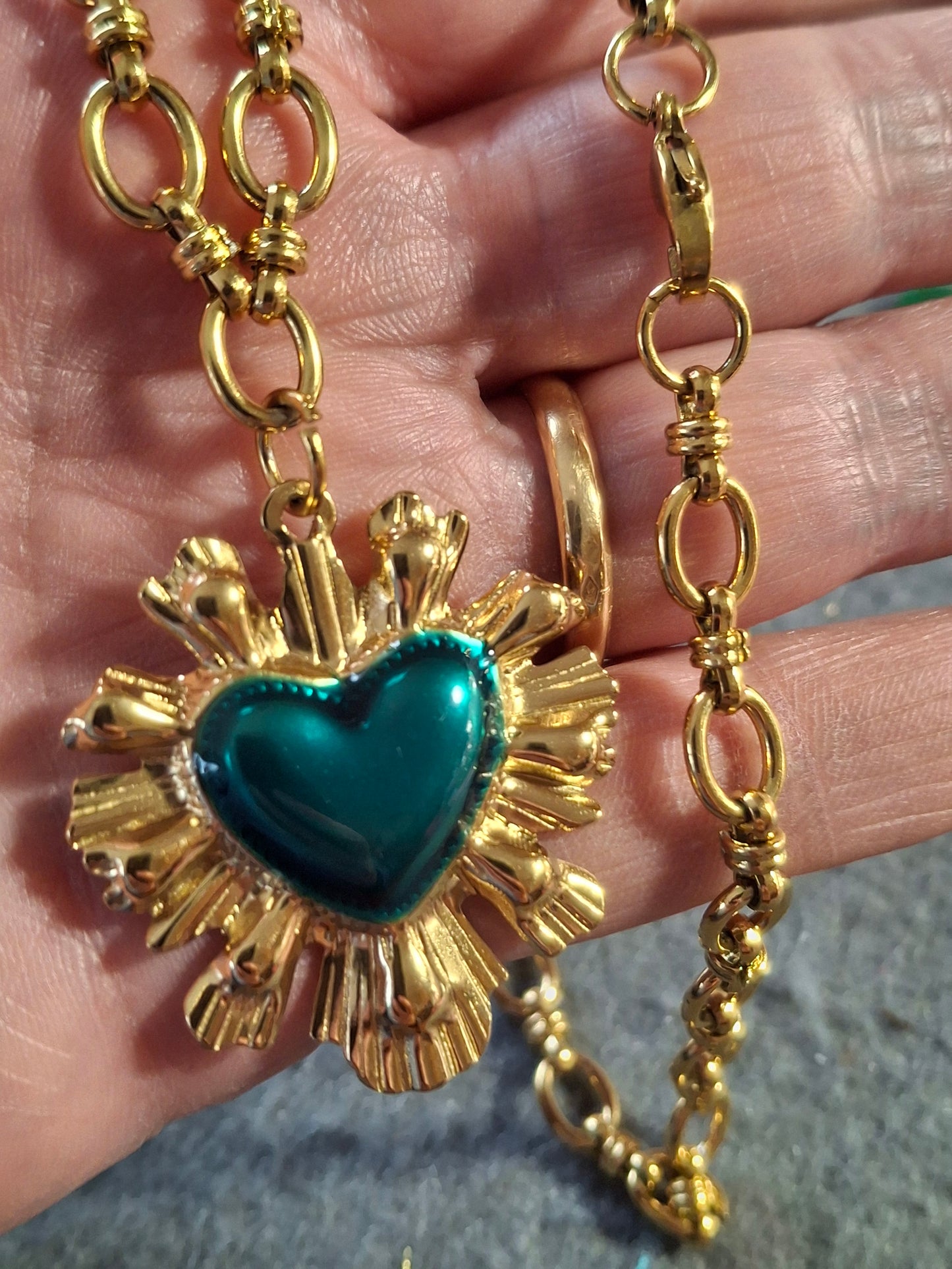 Collier chaîne maille gourmette stainless steel 316 grand cœur rétro stainless steel 316 et email coloré turquoise