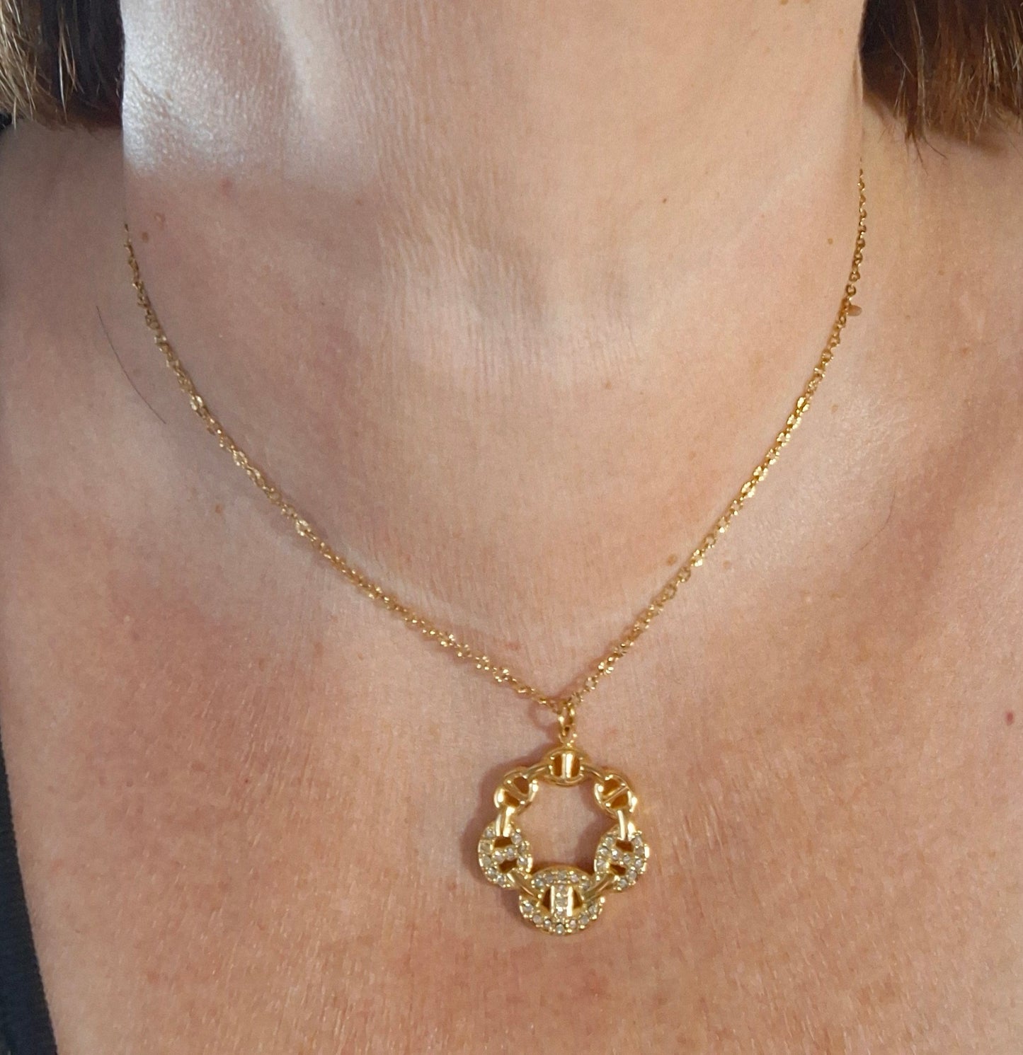 Collier chaîne dorée acier inoxydable stainless steel 316 ,pendentif maille marine serti zirconium stainless steel 316