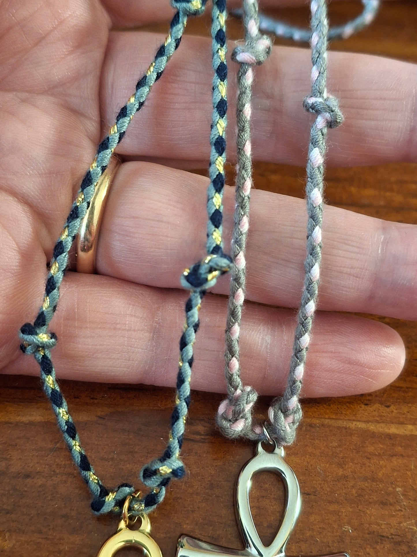 Collier cordon tressé réglable ajustable handmade Pendentif croix ANKH stainless steel 316 poli