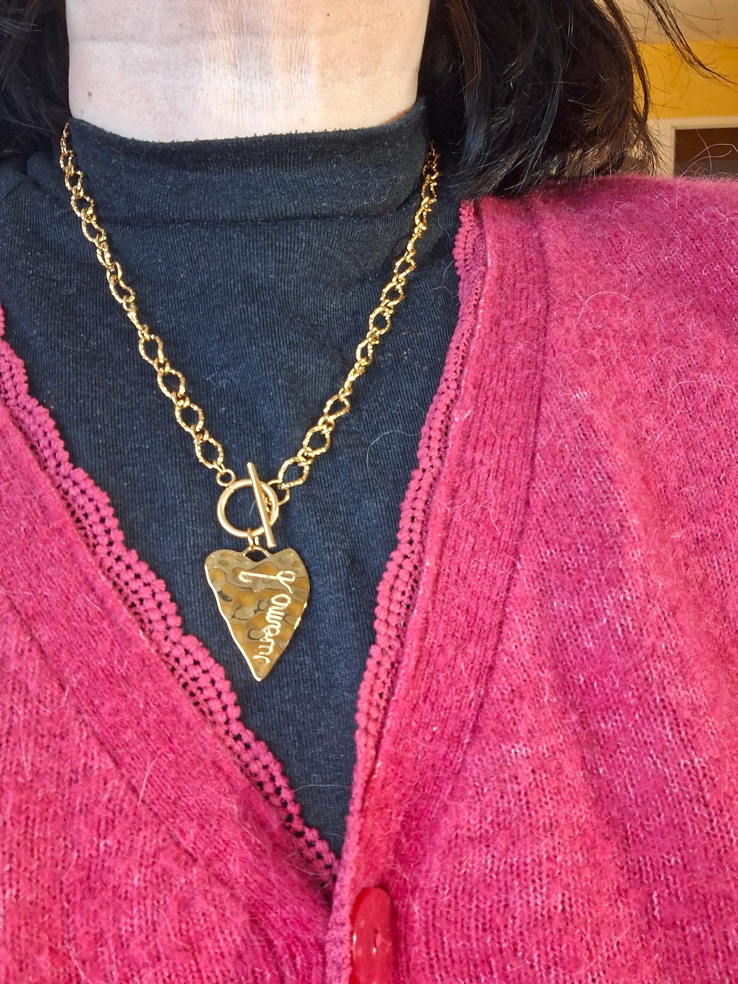 Collier chaîne acier inoxydable stainless steel grand pendentif coeur stainless steel et grand fermoir toggle