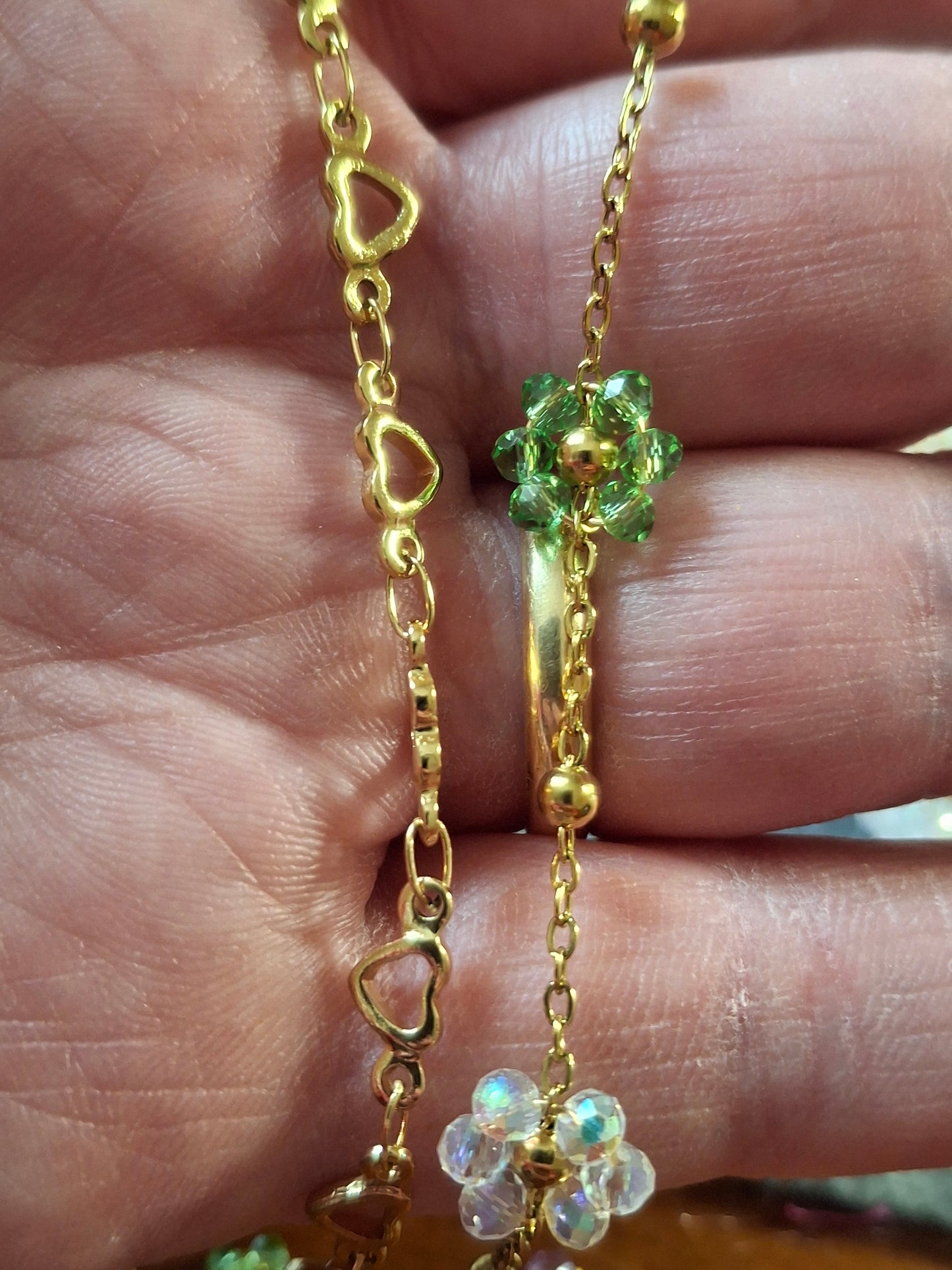 Bracelet double rang chaîne dorée acier inoxydable stainless steel motif fleurs et cœurs uniquement sur mesure