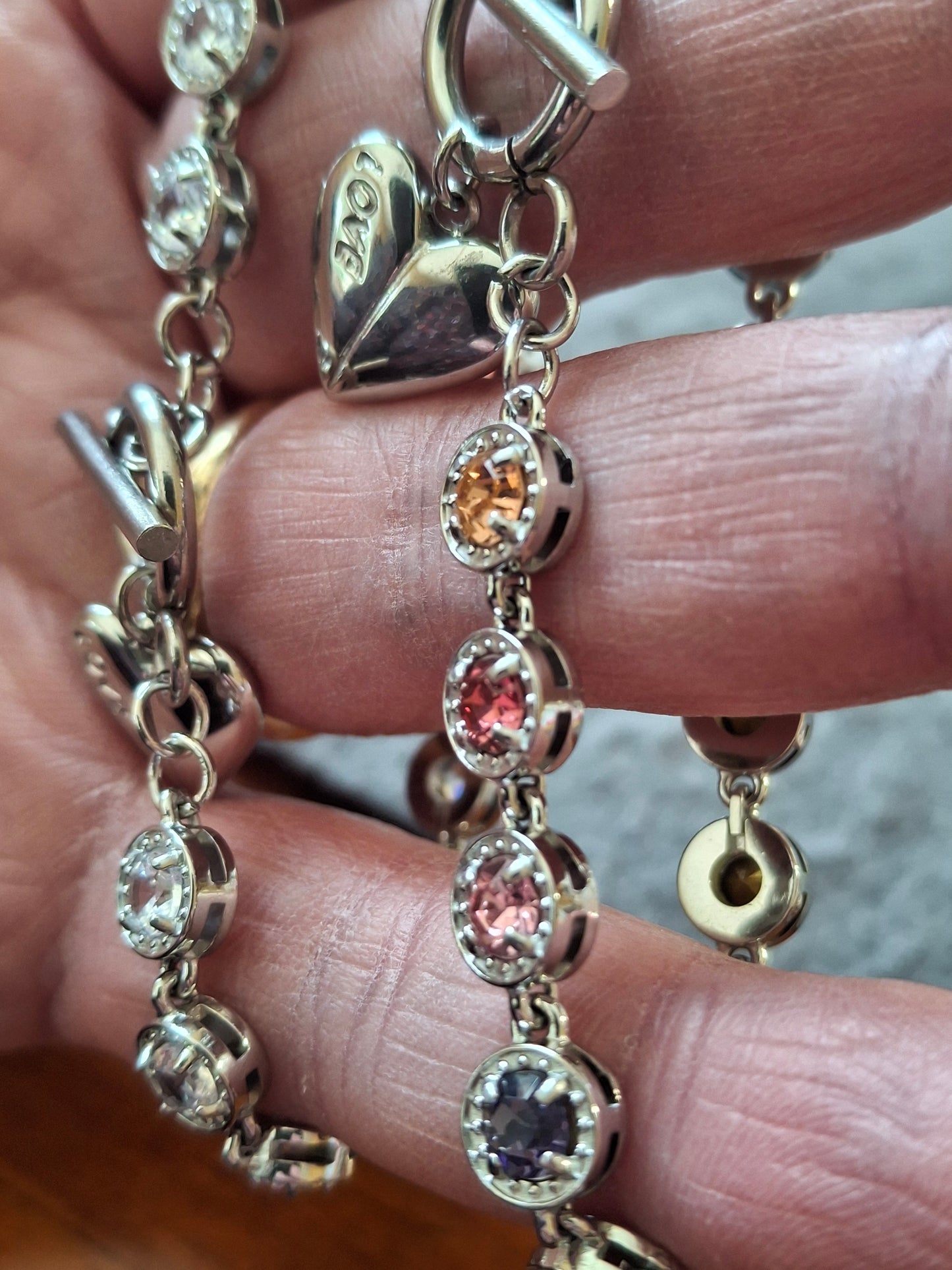 Armband sehr schöne Gliederkette, silberfarben, Edelstahl 316, mit Kristall besetzt, handgefertigt, Knebelverschluss und Herzanhänger Edelstahl 316