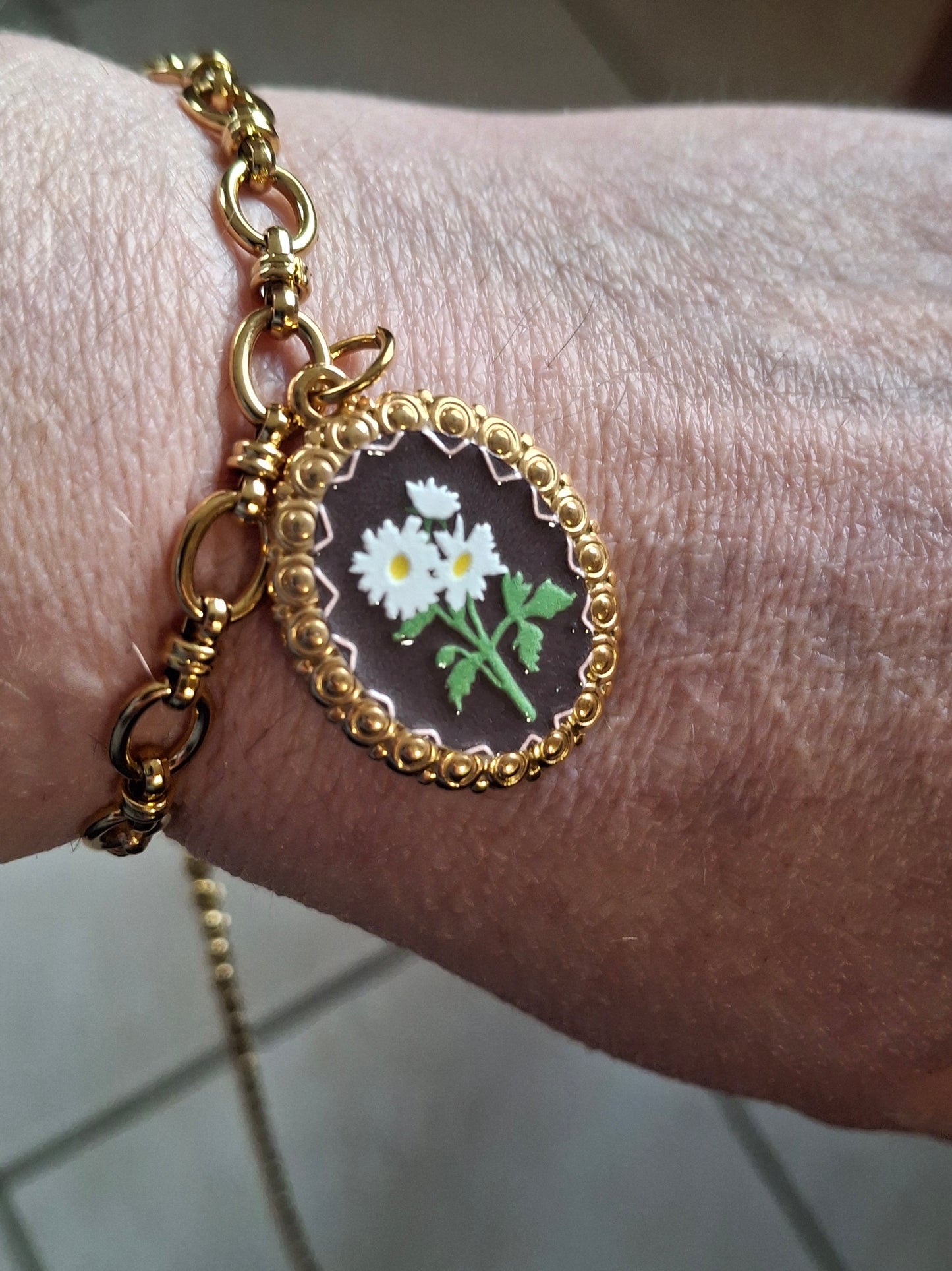 Bracelet maille gourmette acier inoxydable stainless steel 316 et grand pendentif stainless steel 316 style rétro sur mesure