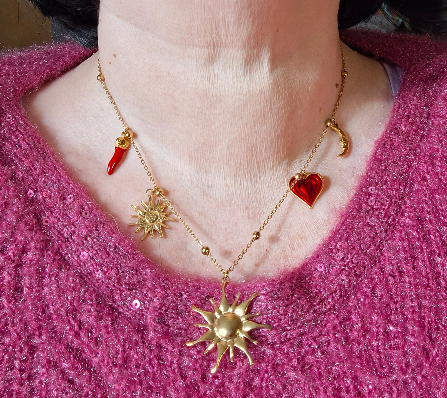 Collier chaîne dorée acier inoxydable stainless steel 316 et breloques stainless steel 316 handmade réglable ajustable