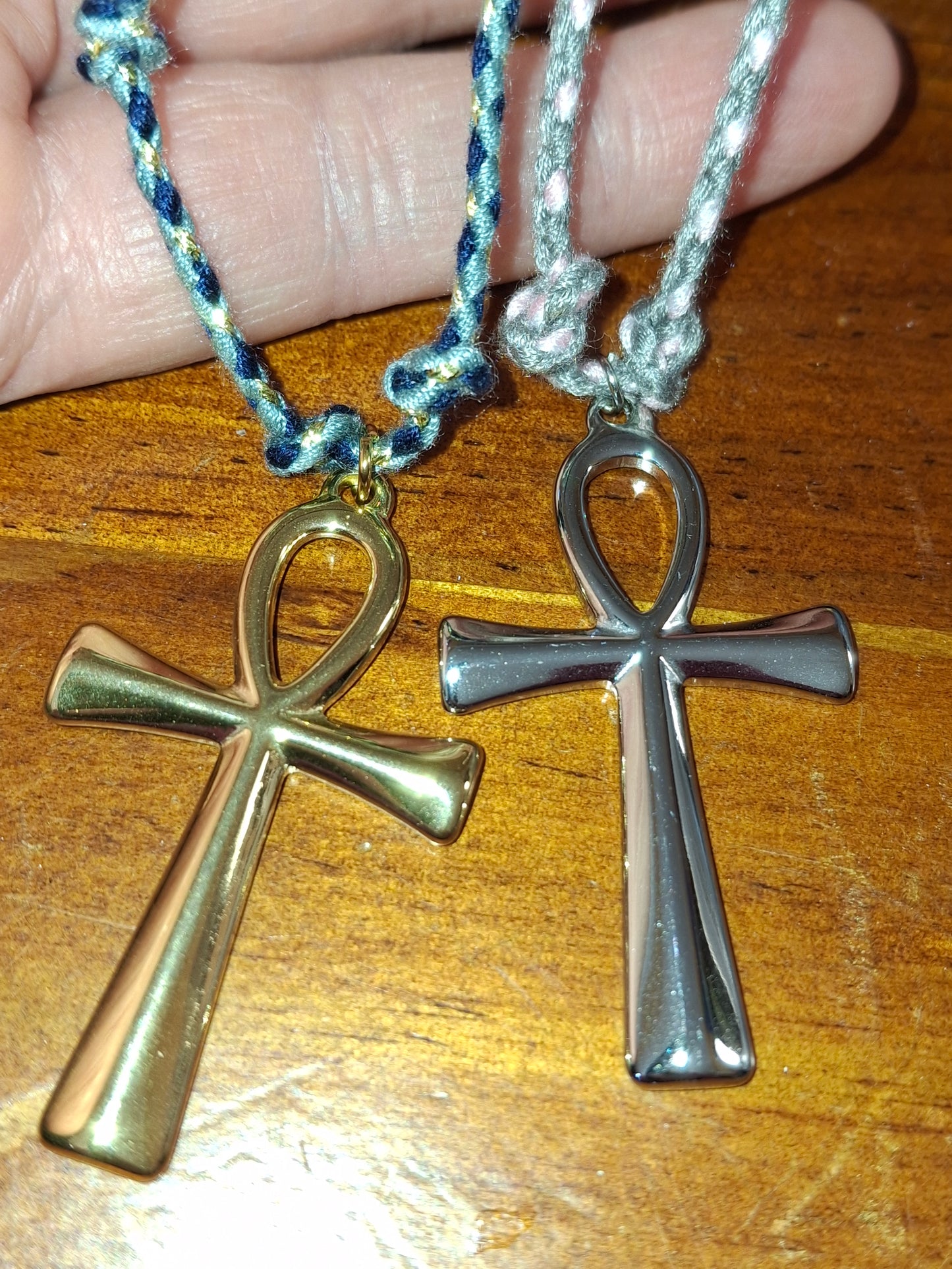 Collier cordon tressé réglable ajustable handmade Pendentif croix ANKH stainless steel 316 poli