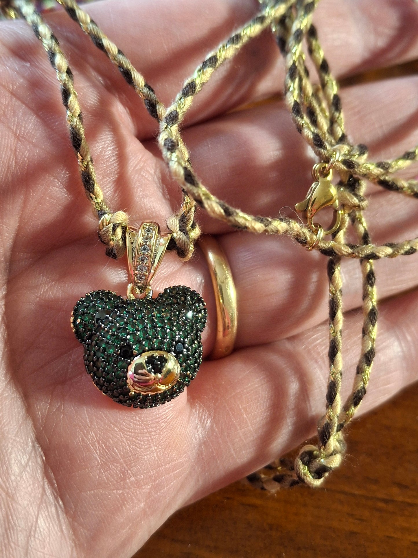 Collier cordon tressé réglable ajustable ourson plaqué or 18K serti zirconium AAA handmade
