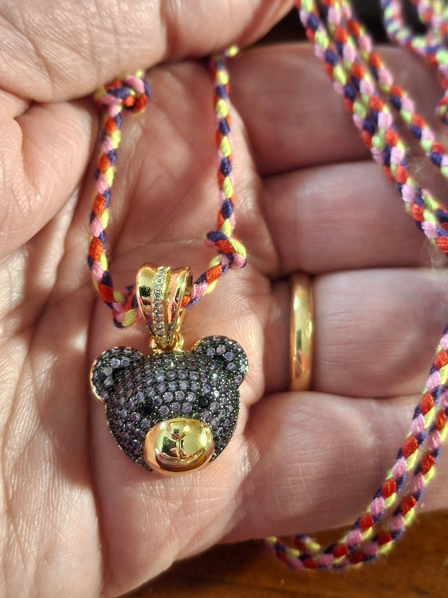 Collier cordon tressé réglable ajustable ourson plaqué or 18K serti zirconium AAA handmade