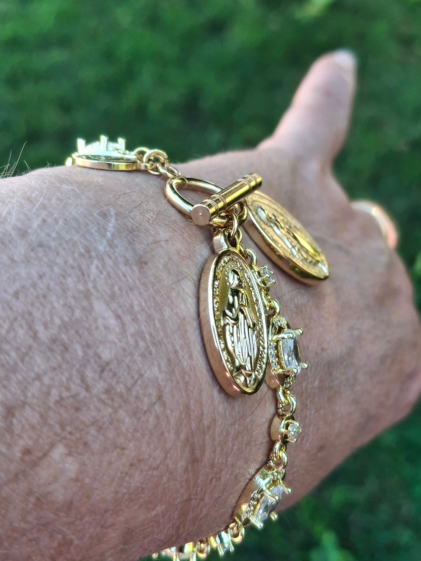 Bracelet maille gourmette stainless steel cristal fermoir toggle médaille madone stainless steel 316 poli handmade