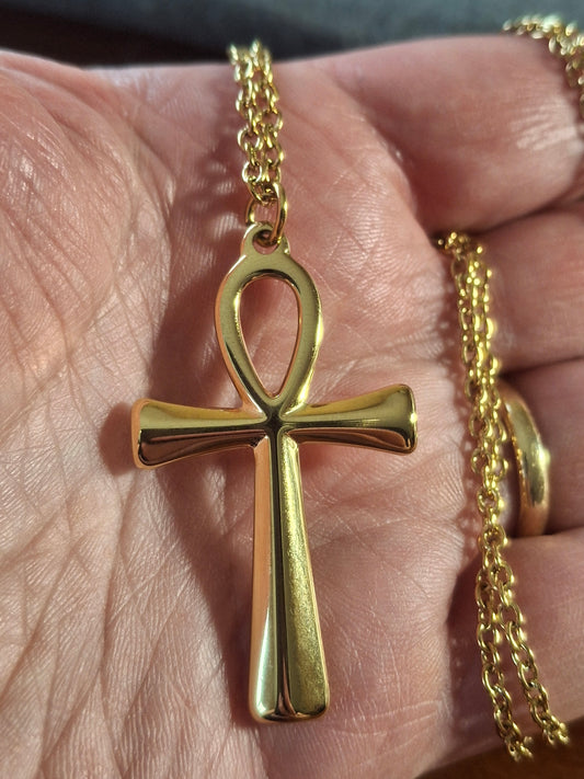Gold-plated stainless steel 316 chain necklace with ANKH cross