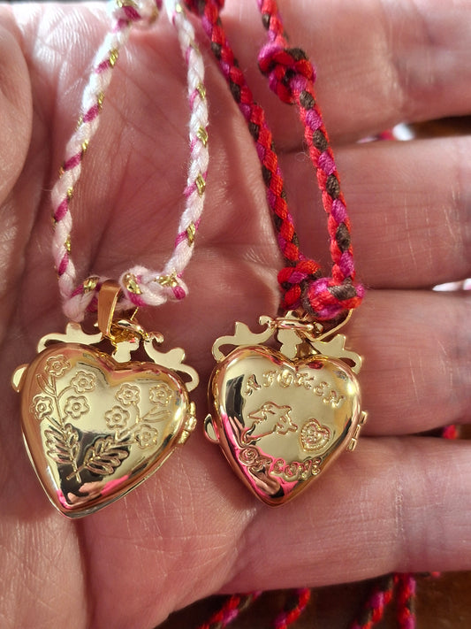 Adjustable braided cord necklace, handmade, heart pendant with photo holder.