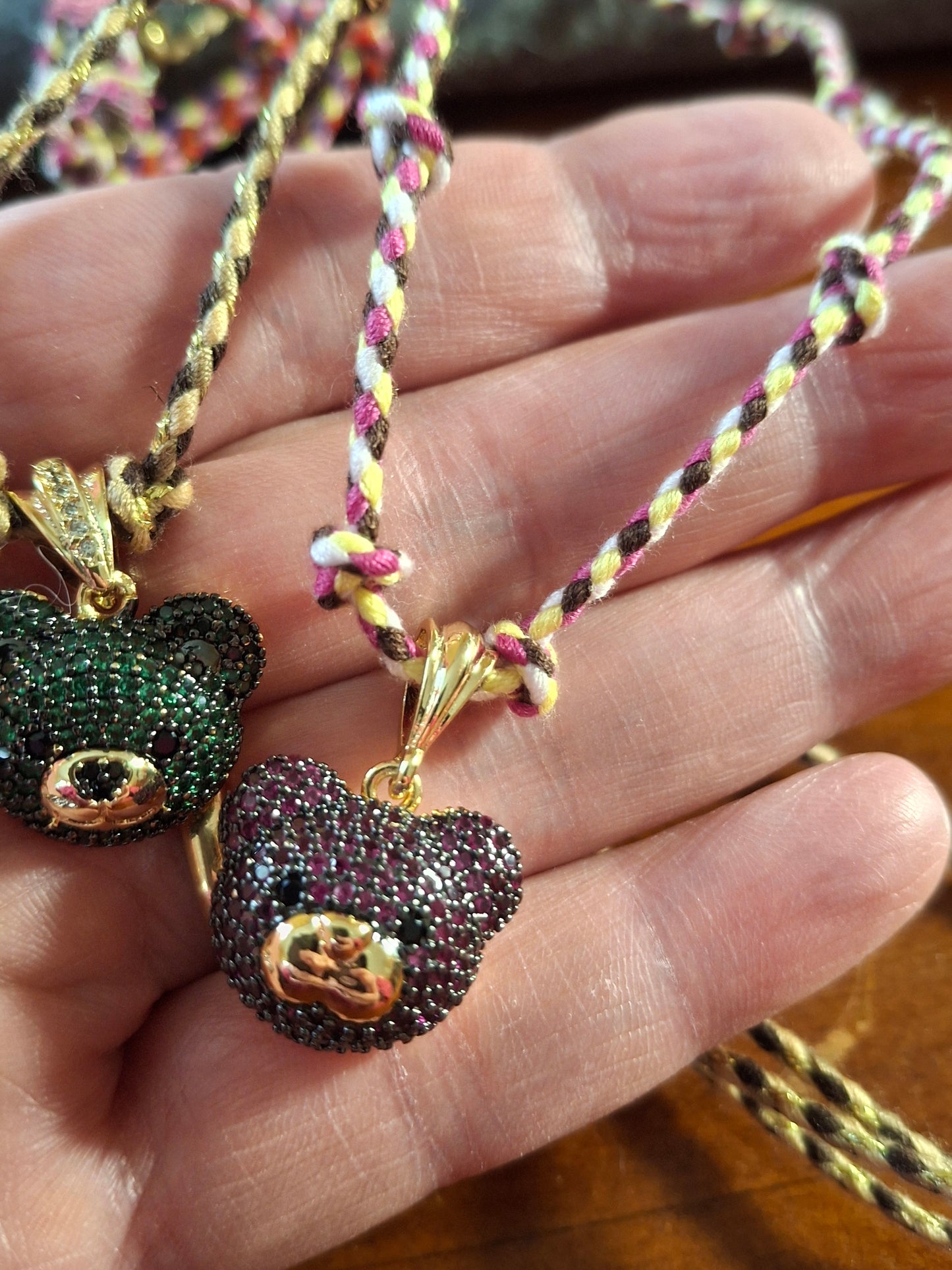 Collier cordon tressé réglable ajustable ourson plaqué or 18K serti zirconium AAA handmade