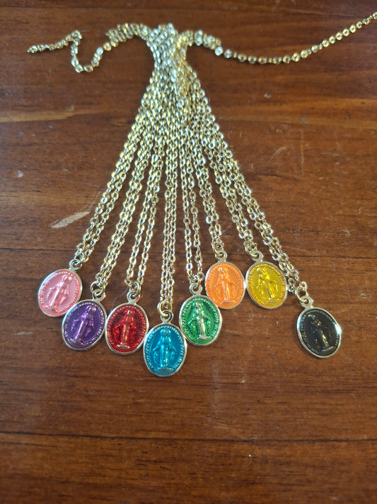 High-quality, 316L stainless steel gold chain necklace with a gold-plated brass and colored enamel Madonna medal.