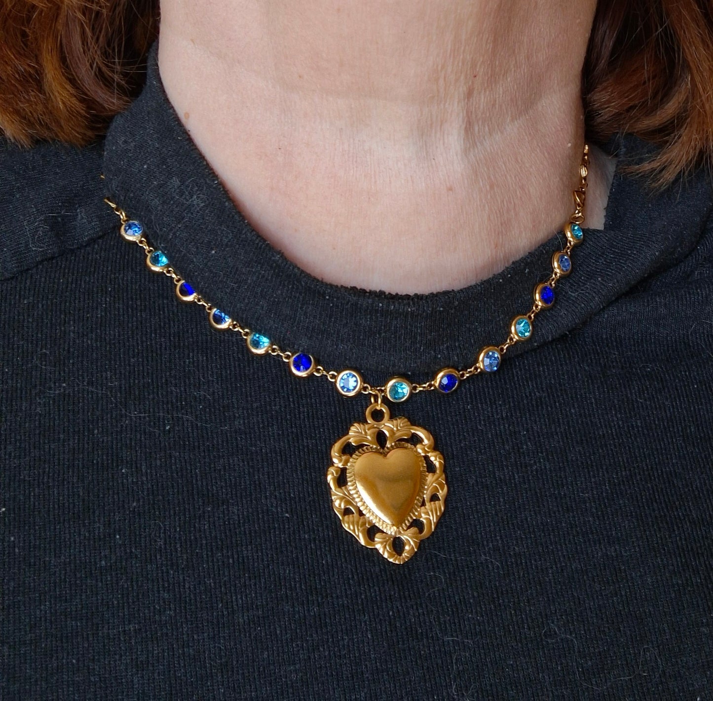 Collier chaîne coeur stainless steel 316 et chaîne stainless steel 316 cristal bleu pendentif coeur stainless steel 316 handmade