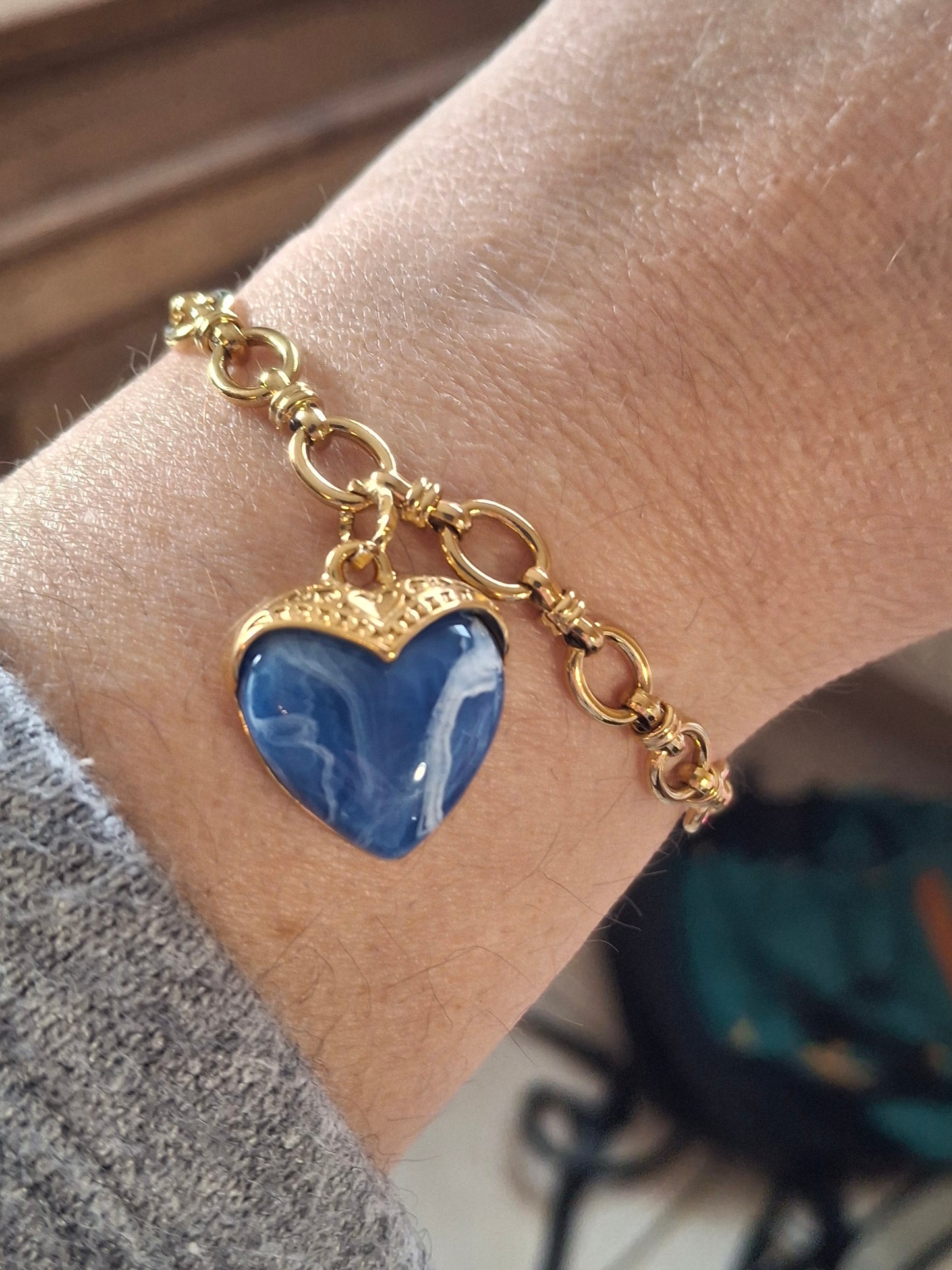 Bracelet chaîne maille gourmette acier inoxydable stainless steel 316 sur mesure grand cœur stainless steel 316 et résine colorée