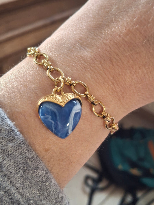 Bracelet chaîne maille gourmette acier inoxydable stainless steel 316 sur mesure grand cœur stainless steel 316 et résine colorée