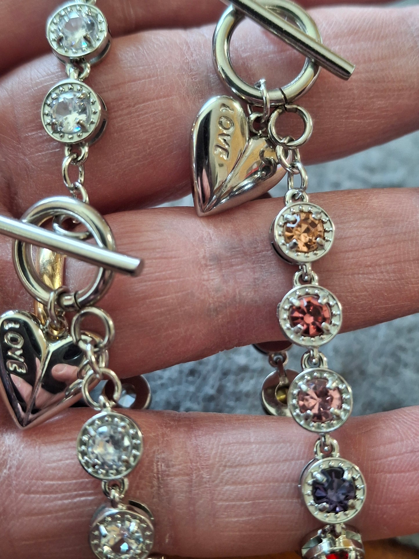 Armband sehr schöne Gliederkette, silberfarben, Edelstahl 316, mit Kristall besetzt, handgefertigt, Knebelverschluss und Herzanhänger Edelstahl 316