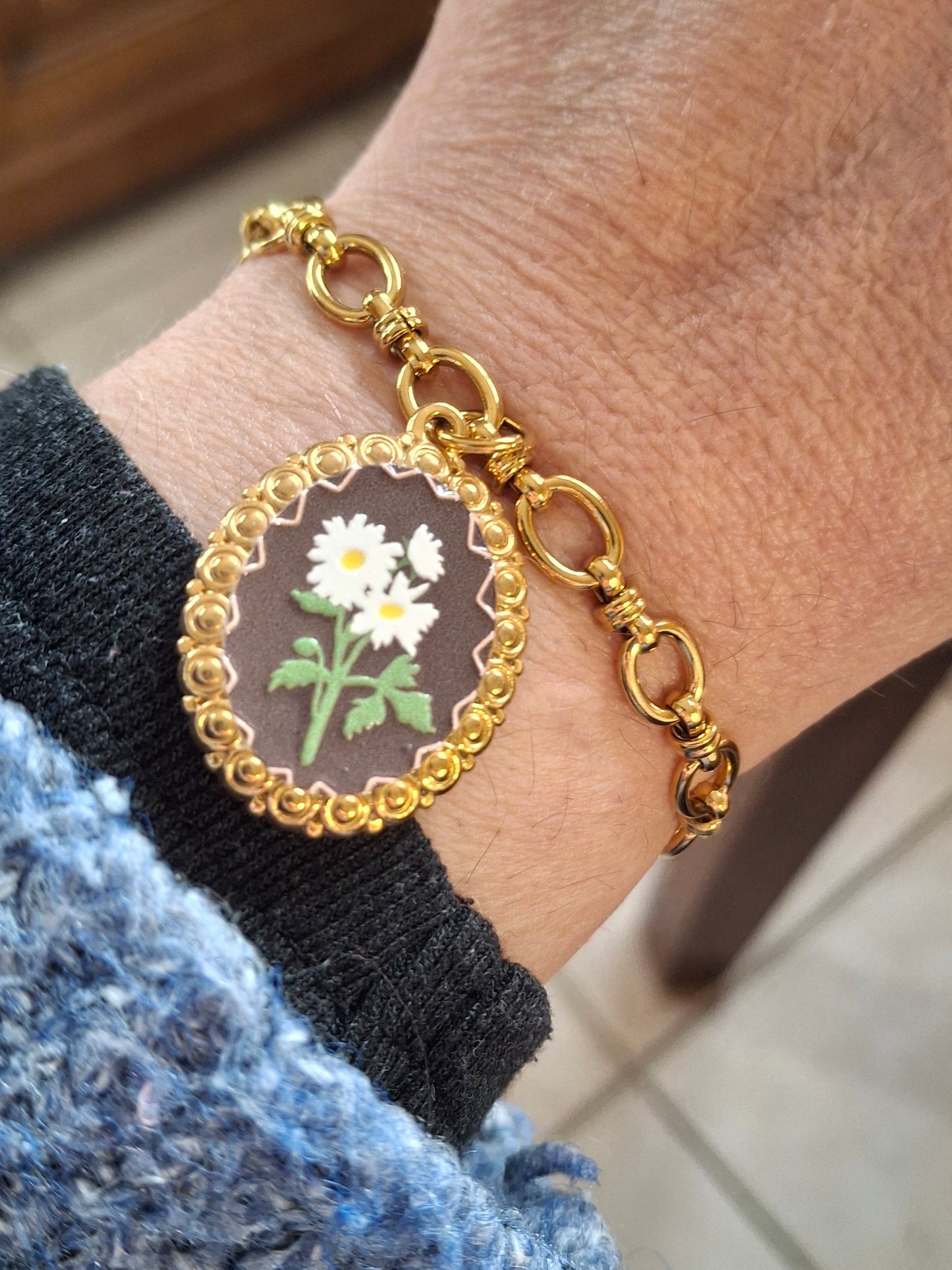 Bracelet maille gourmette acier inoxydable stainless steel 316 et grand pendentif stainless steel 316 style rétro sur mesure