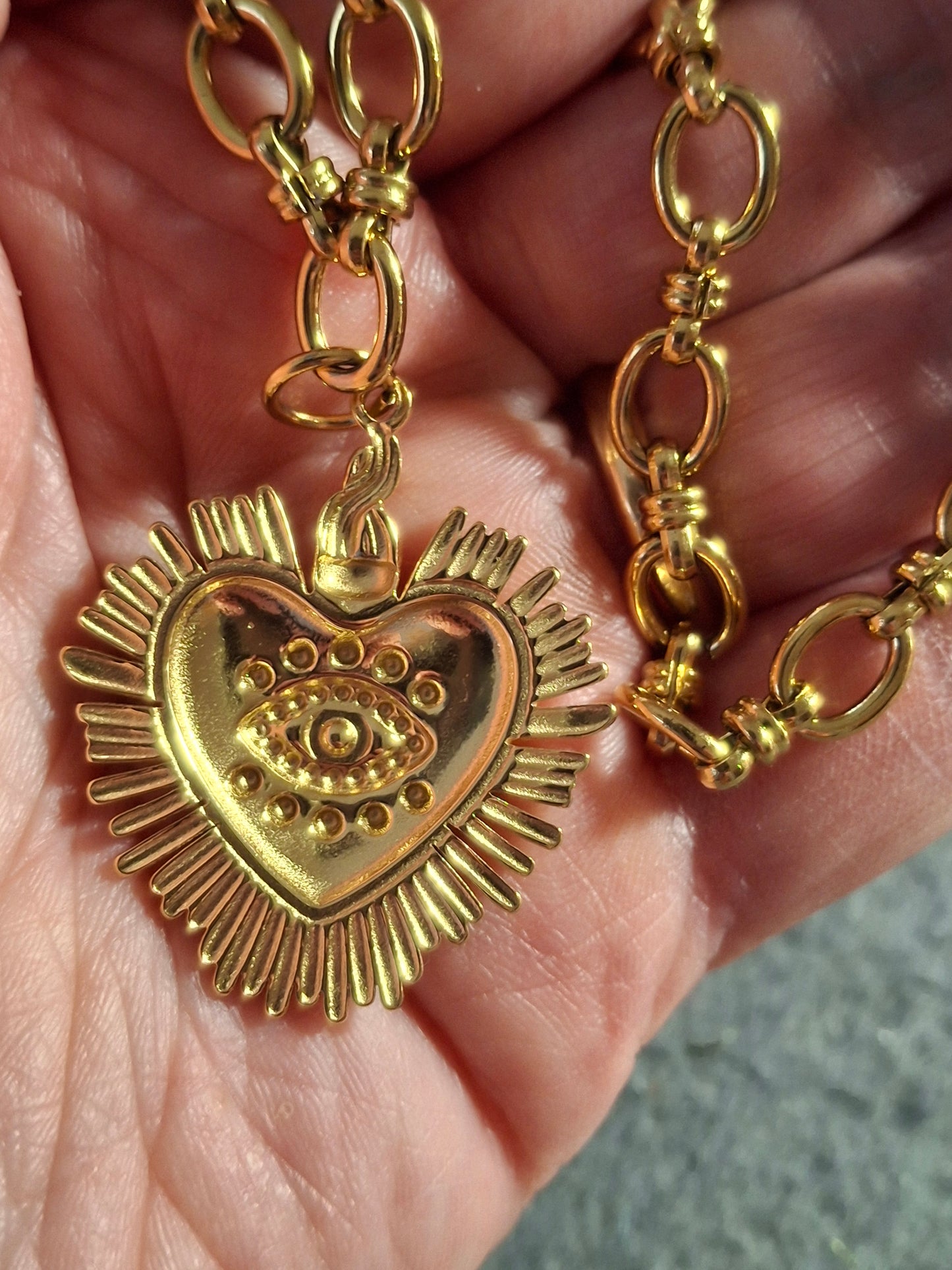 Collier chaîne maille gourmette stainless steel 316 grand cœur rétro stainless steel 316 email blanc œil de Turquie