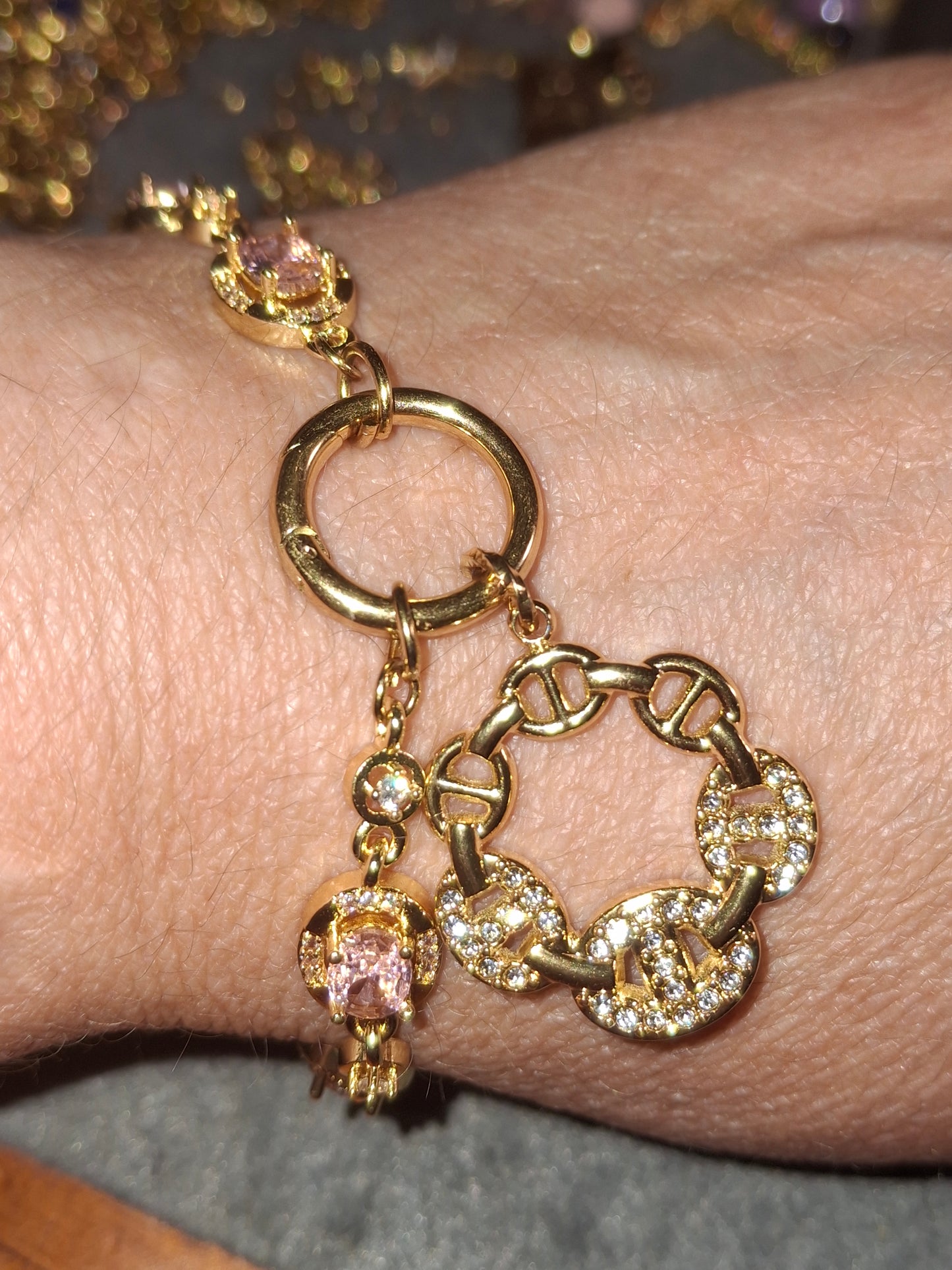 Armband Kette Edelstahl mit Kristall- und Zirkonia-Besatz Karabinerverschluss und polierter Edelstahl-Ankerkettenanhänger mit Zirkonia-Besatz handgefertigt