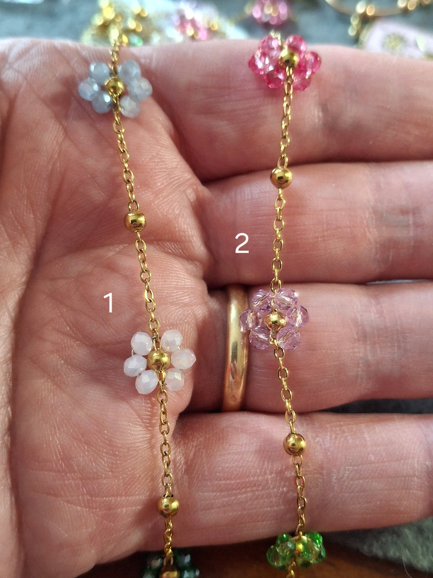 Bracelet double rang chaîne dorée acier inoxydable stainless steel motif fleurs et cœurs uniquement sur mesure