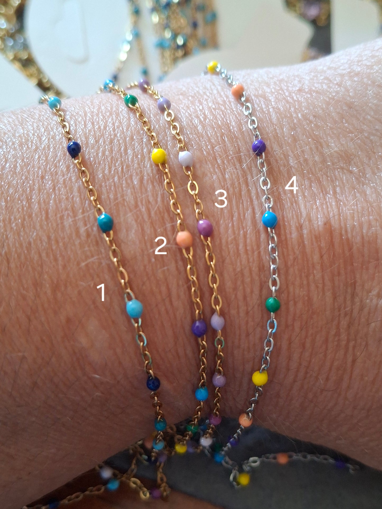 Bracelet chaîne acier inoxydable stainless steel 316 et perles en email coloré longueur sur mesure