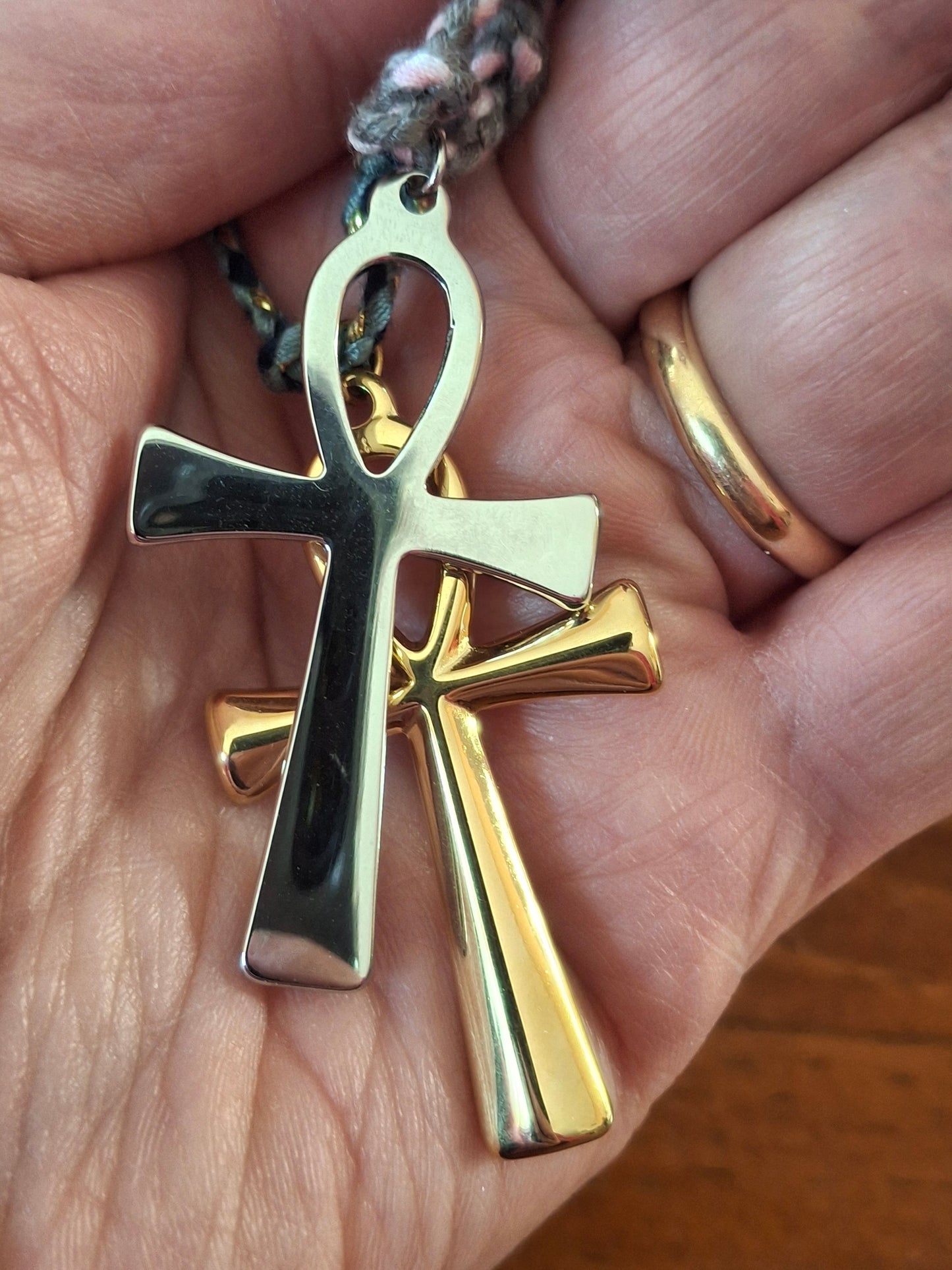 Collier cordon tressé réglable ajustable handmade Pendentif croix ANKH stainless steel 316 poli