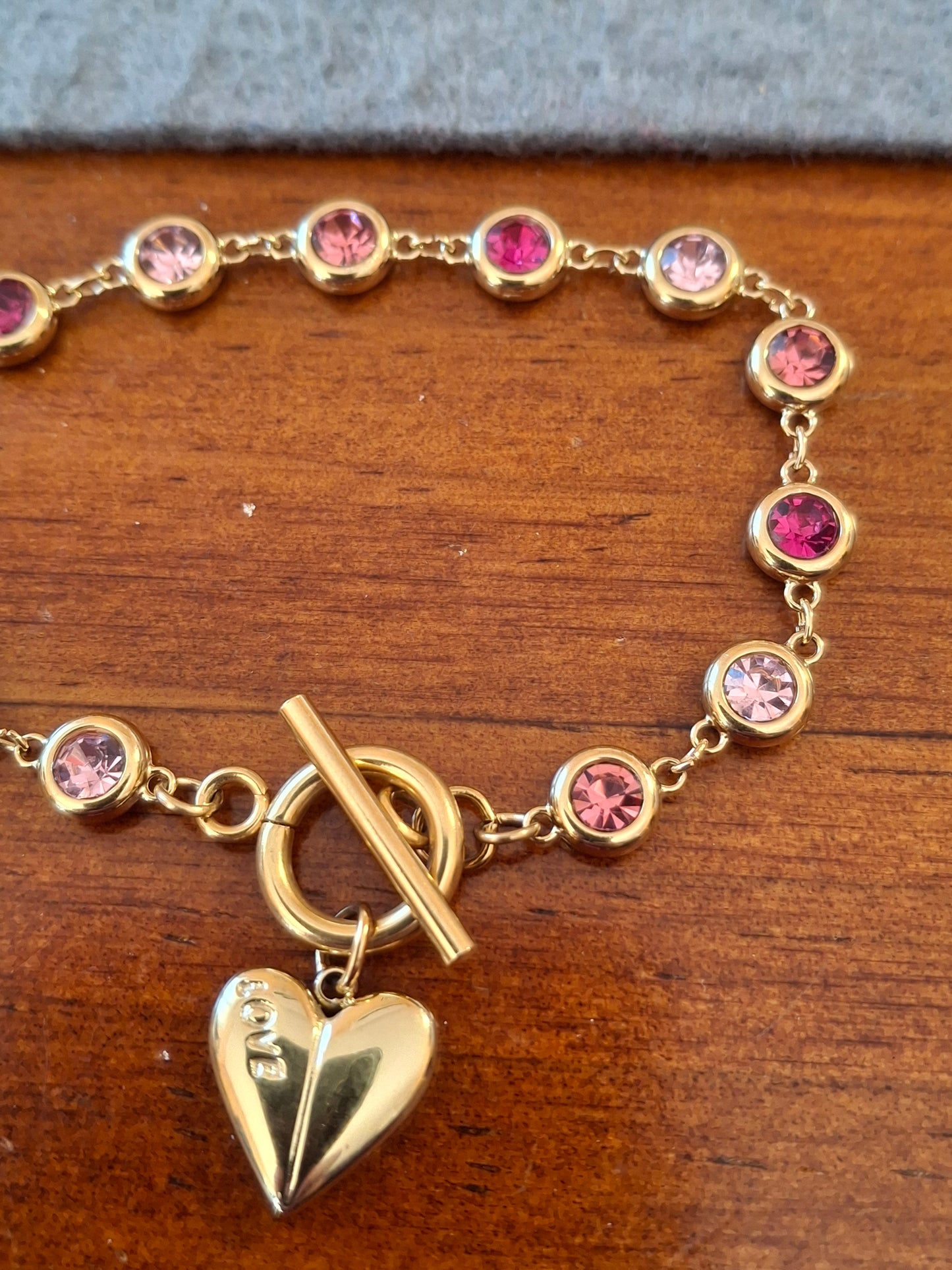 Armband, sehr schöne goldfarbene Kette, Edelstahl 316, mit Kristall besetzt, Knebelverschluss, Herzanhänger, Edelstahl 316