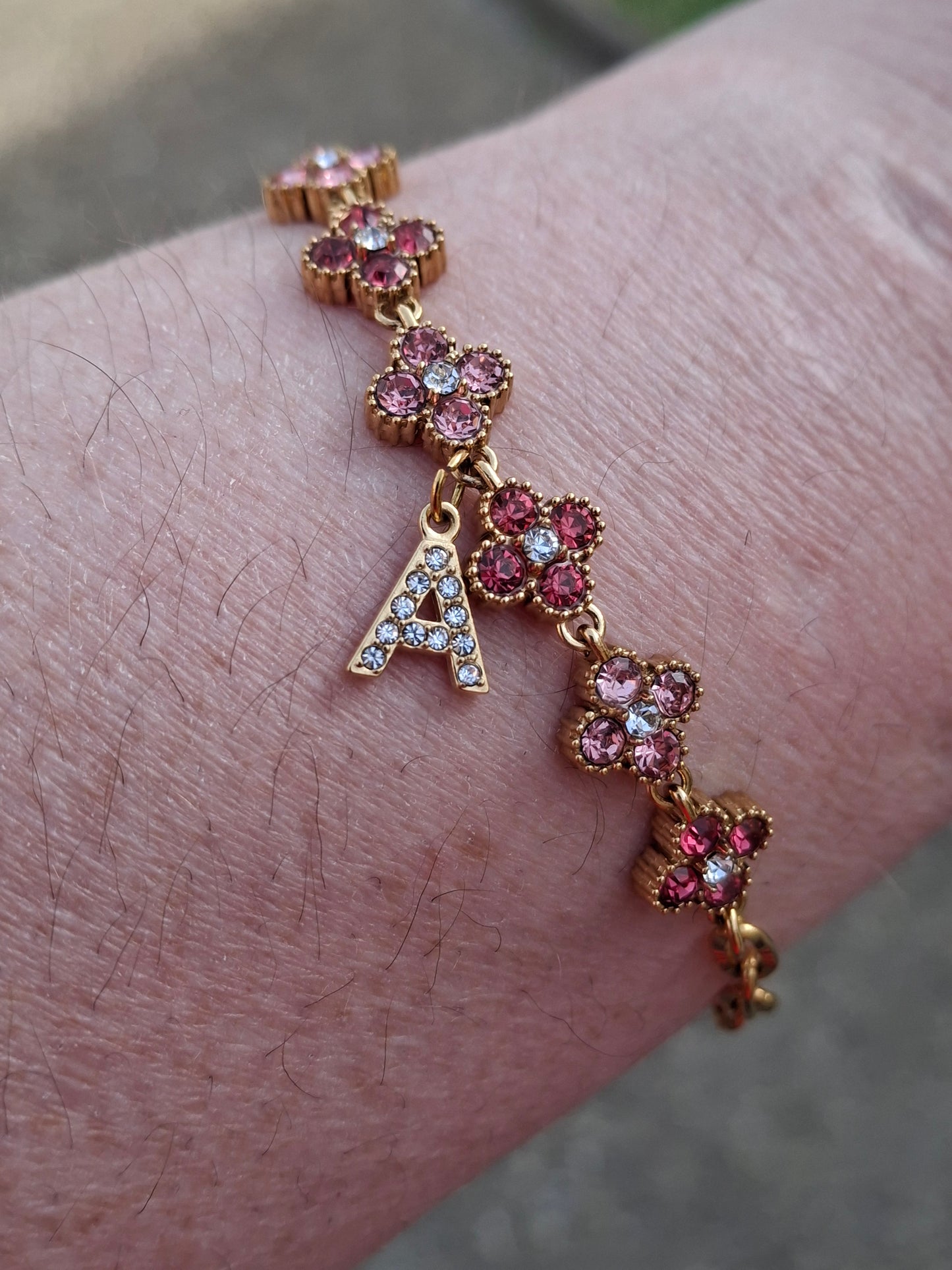 Armband Kette Edelstahl 316 Glieder mit geriffelter Panzerkette und blütenförmiger Kette mit rosafarbenem Kristallbesatz Edelstahl 316 handgefertigt verstellbar