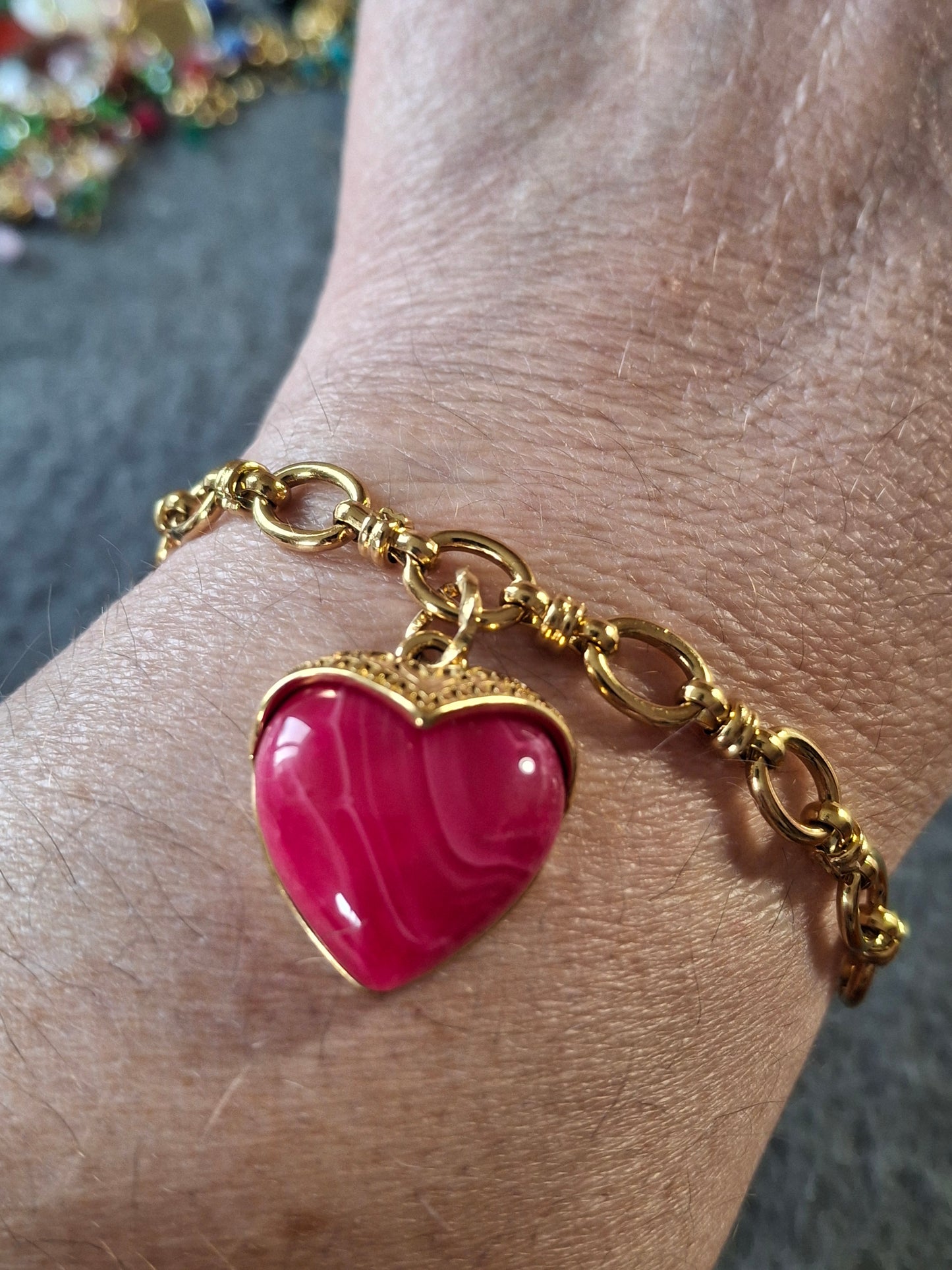 Bracelet chaîne maille gourmette acier inoxydable stainless steel 316 sur mesure grand cœur stainless steel 316 et résine colorée