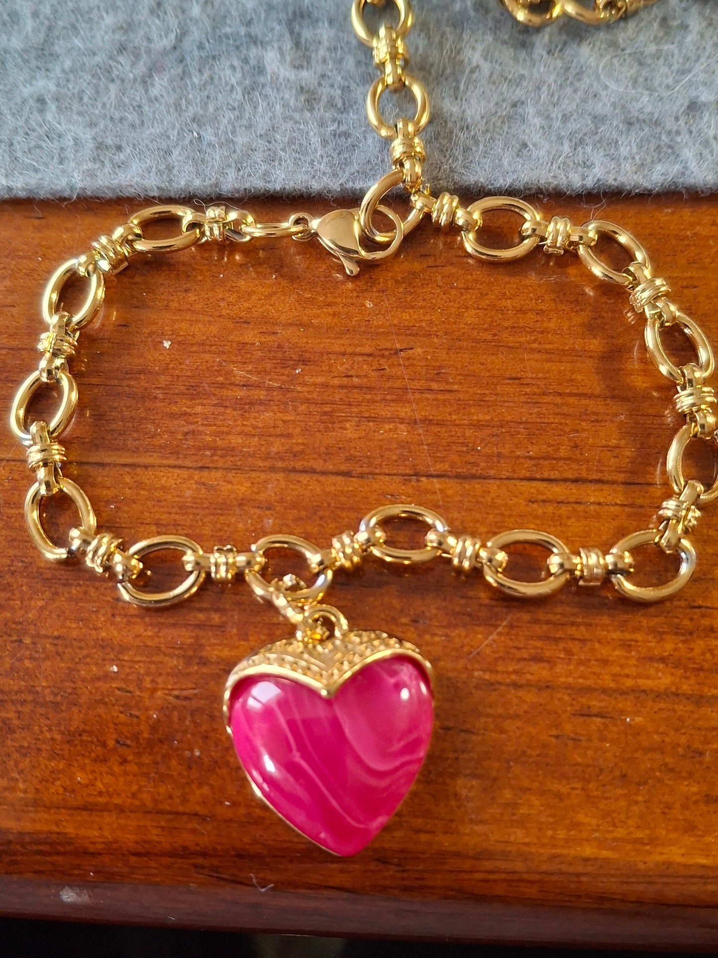 Bracelet chaîne maille gourmette acier inoxydable stainless steel 316 sur mesure grand cœur stainless steel 316 et résine colorée