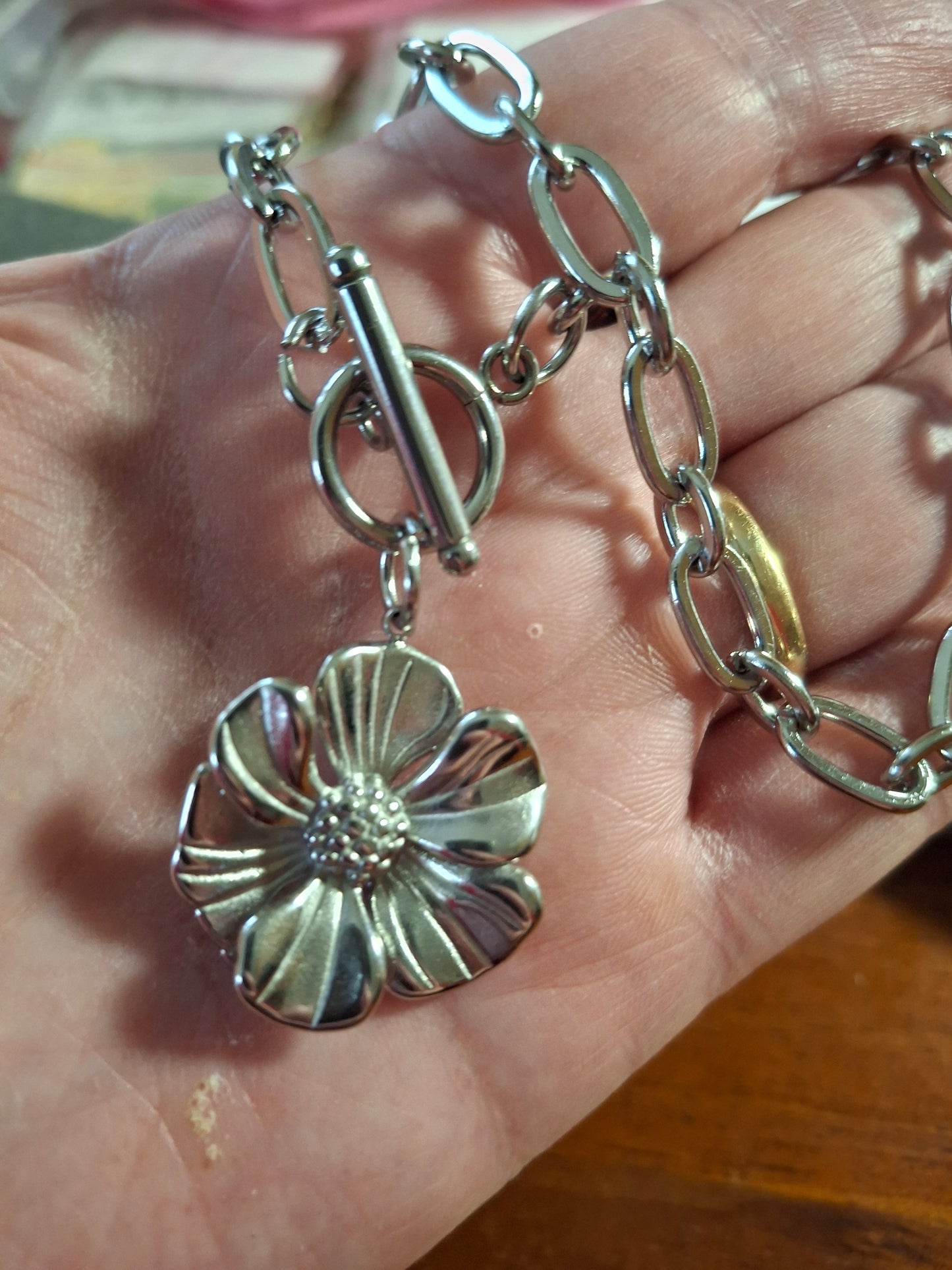 Collier chaîne acier inoxydable stainless steel 316 rhodié maille gourmette pendentif fermoir toggle