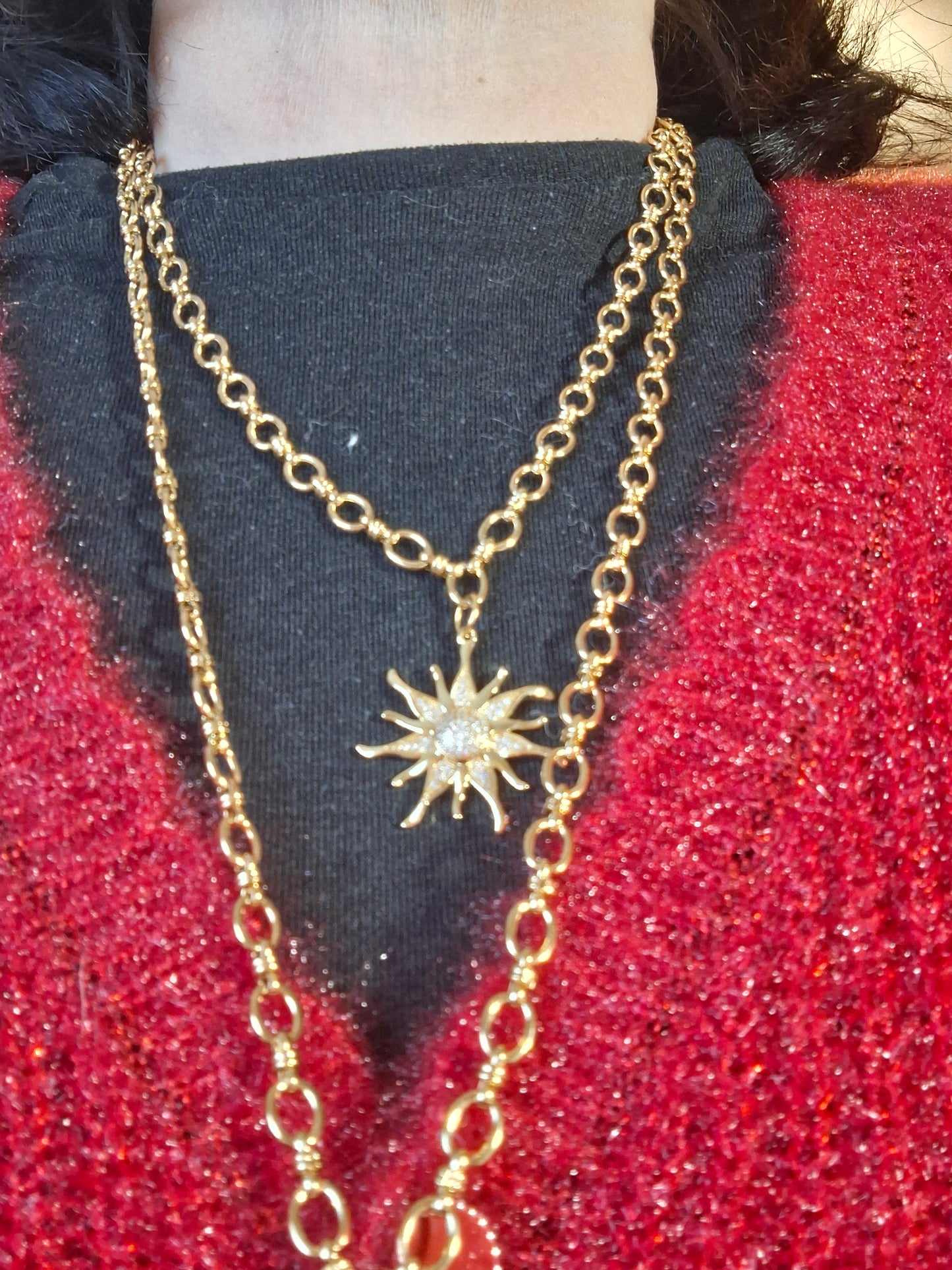 Collier chaîne maille gourmette stainless steel 316 grand pendentif soleil ou étoile plaqué or 18K serti zirconium AAA