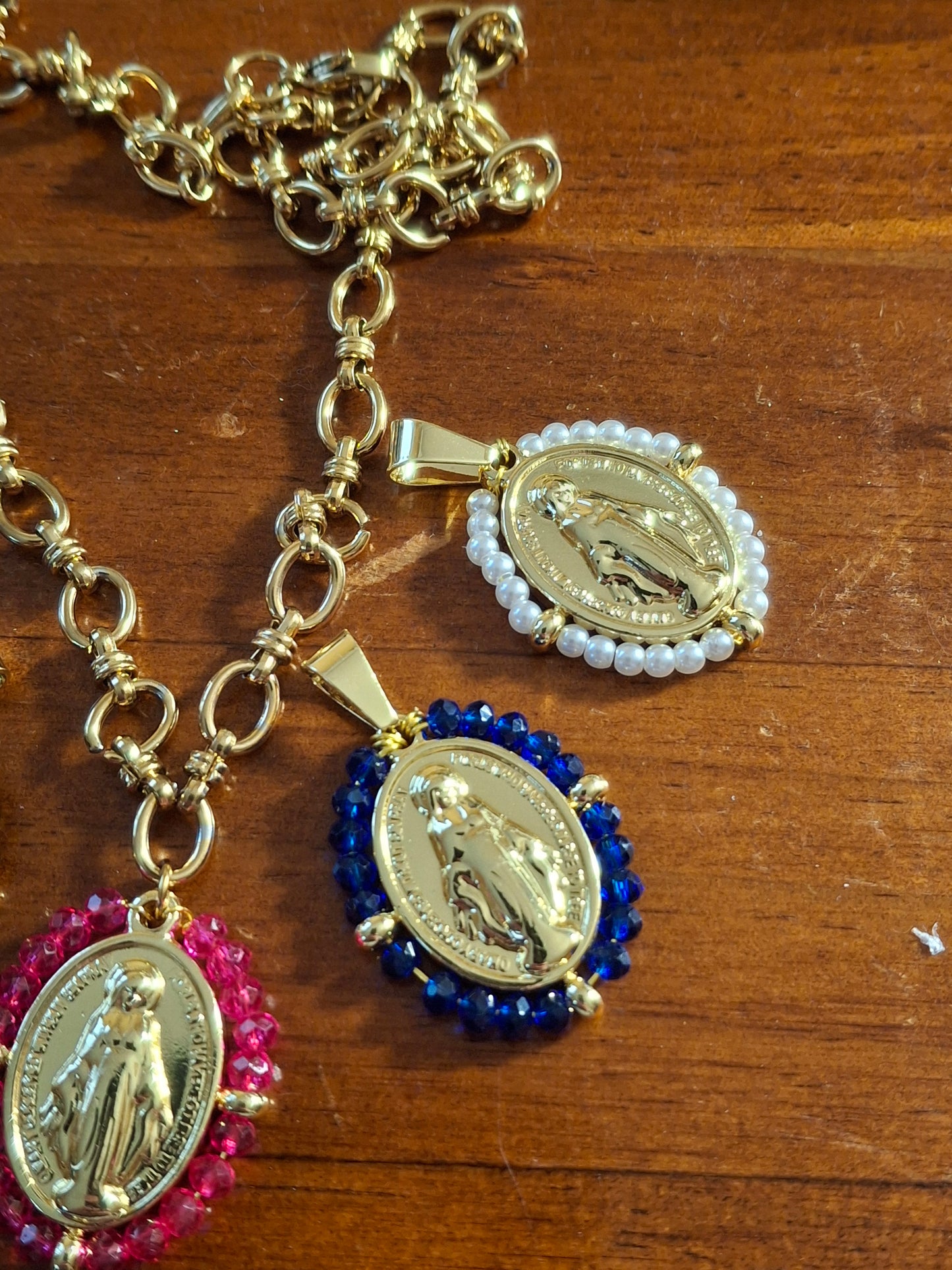 Stainless steel 316 chain necklace with a stainless steel Madonna medallion and faceted crystal beads