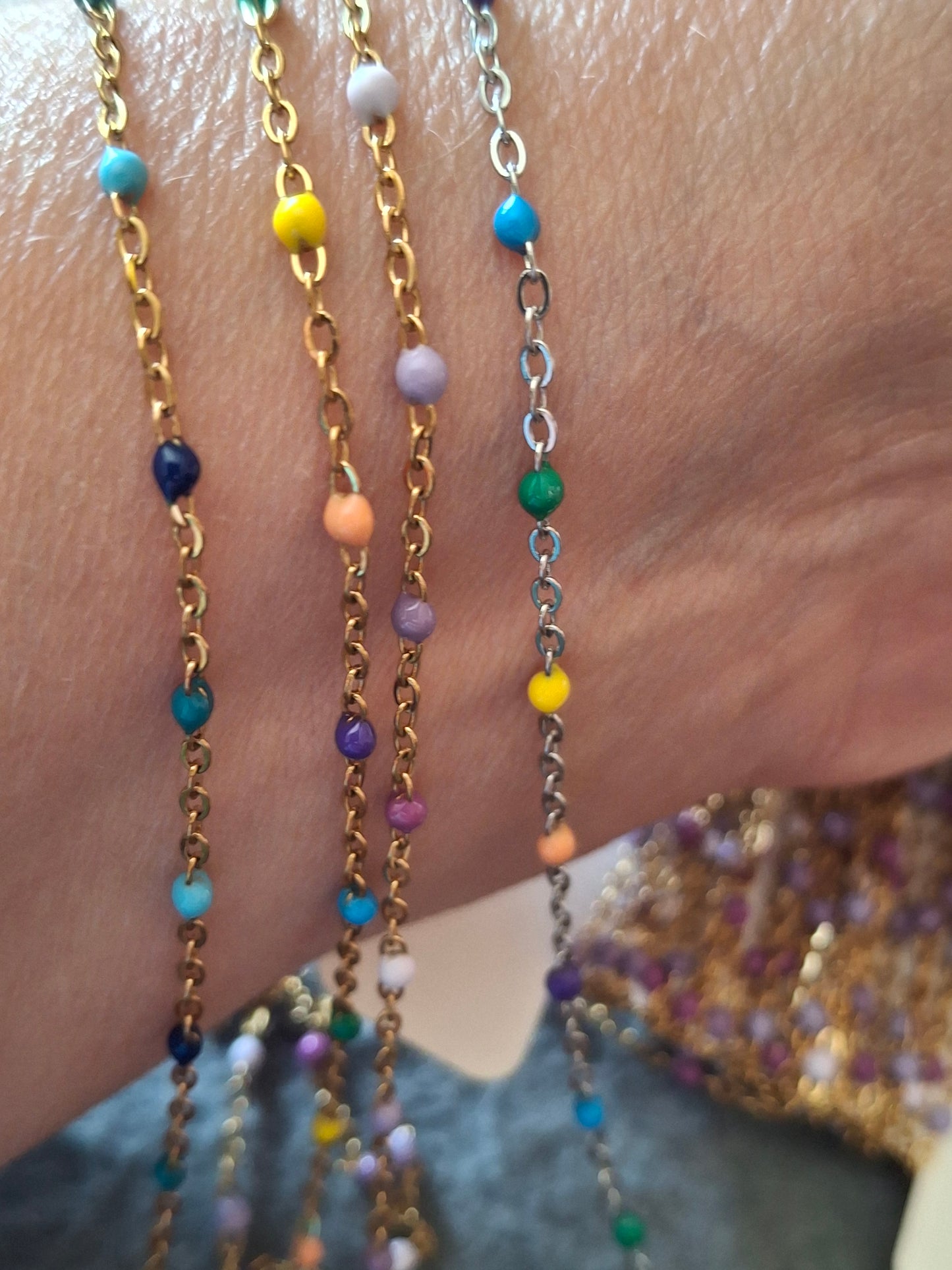 Bracelet chaîne acier inoxydable stainless steel 316 et perles en email coloré longueur sur mesure