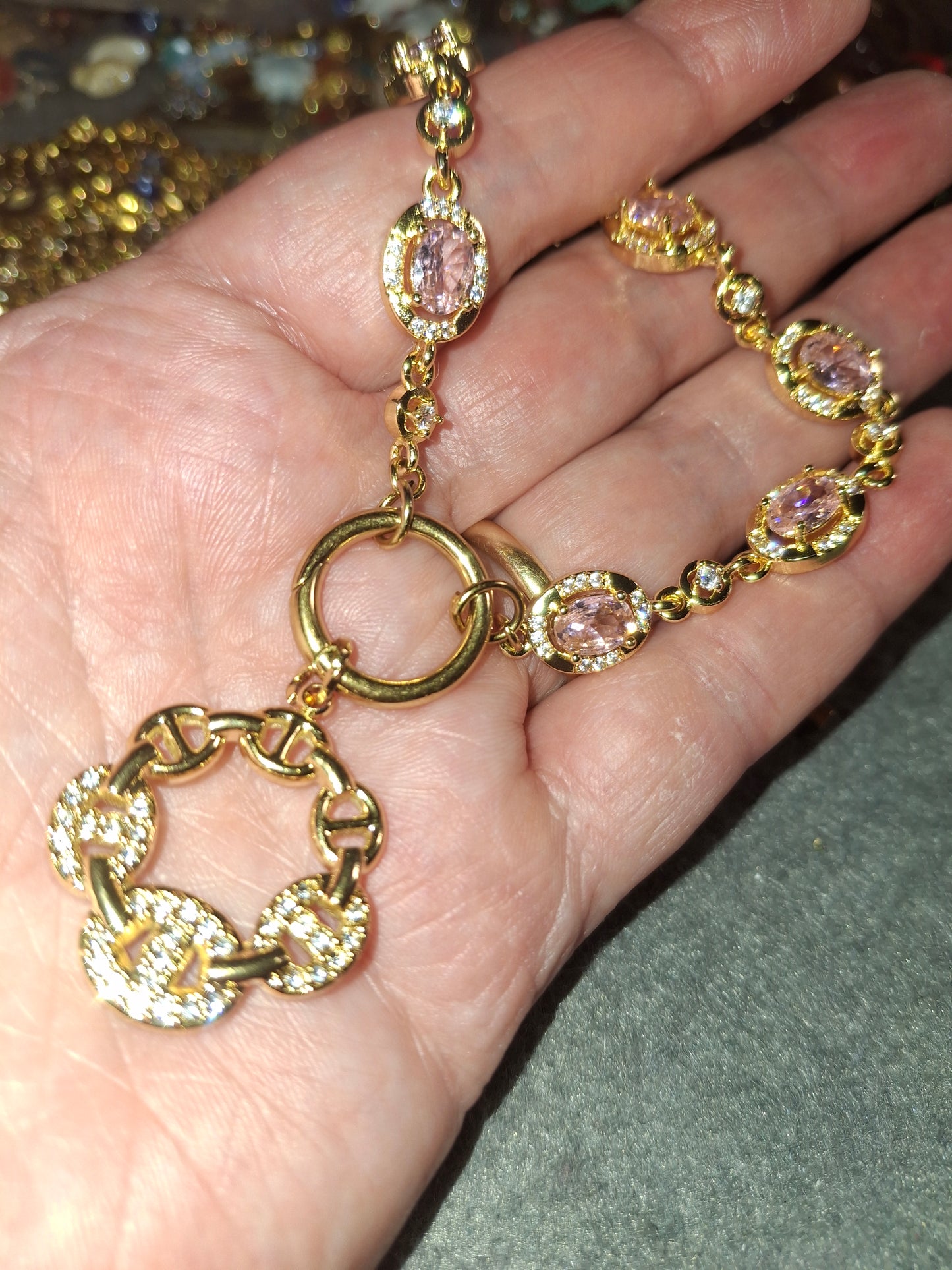 Armband Kette Edelstahl mit Kristall- und Zirkonia-Besatz Karabinerverschluss und polierter Edelstahl-Ankerkettenanhänger mit Zirkonia-Besatz handgefertigt