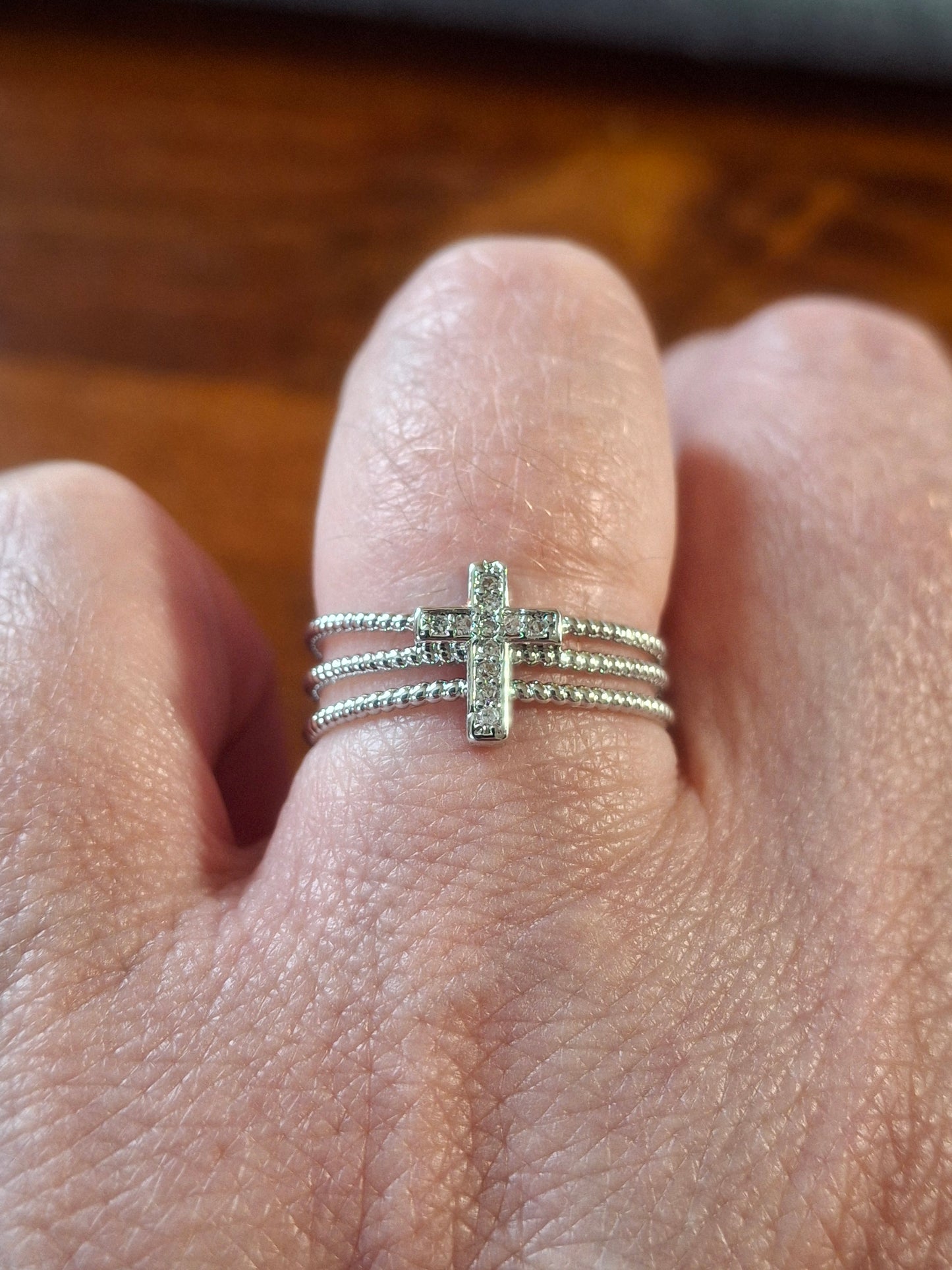 Bague acier inoxydable stainless steel 316 croix sertie zircon réglable ajustable or ou argent