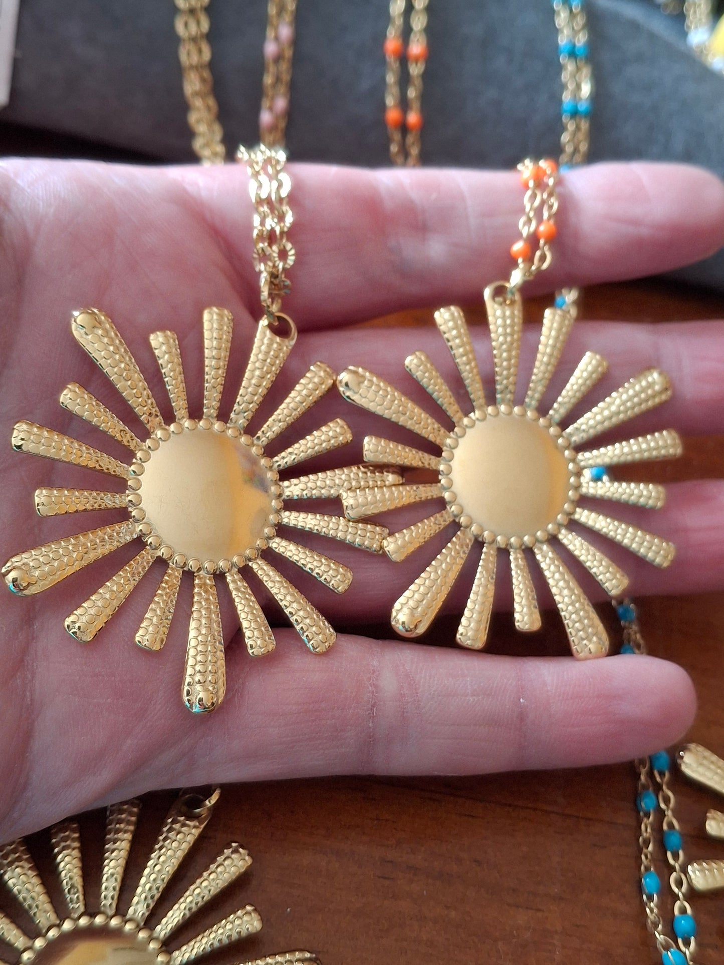 Long necklace with gold stainless steel chain and XXL sun pendant
