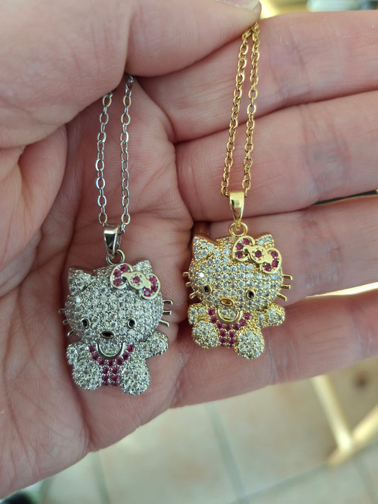 Stainless steel chain necklace and Hello Kitty pendant, set with zirconium, adjustable.