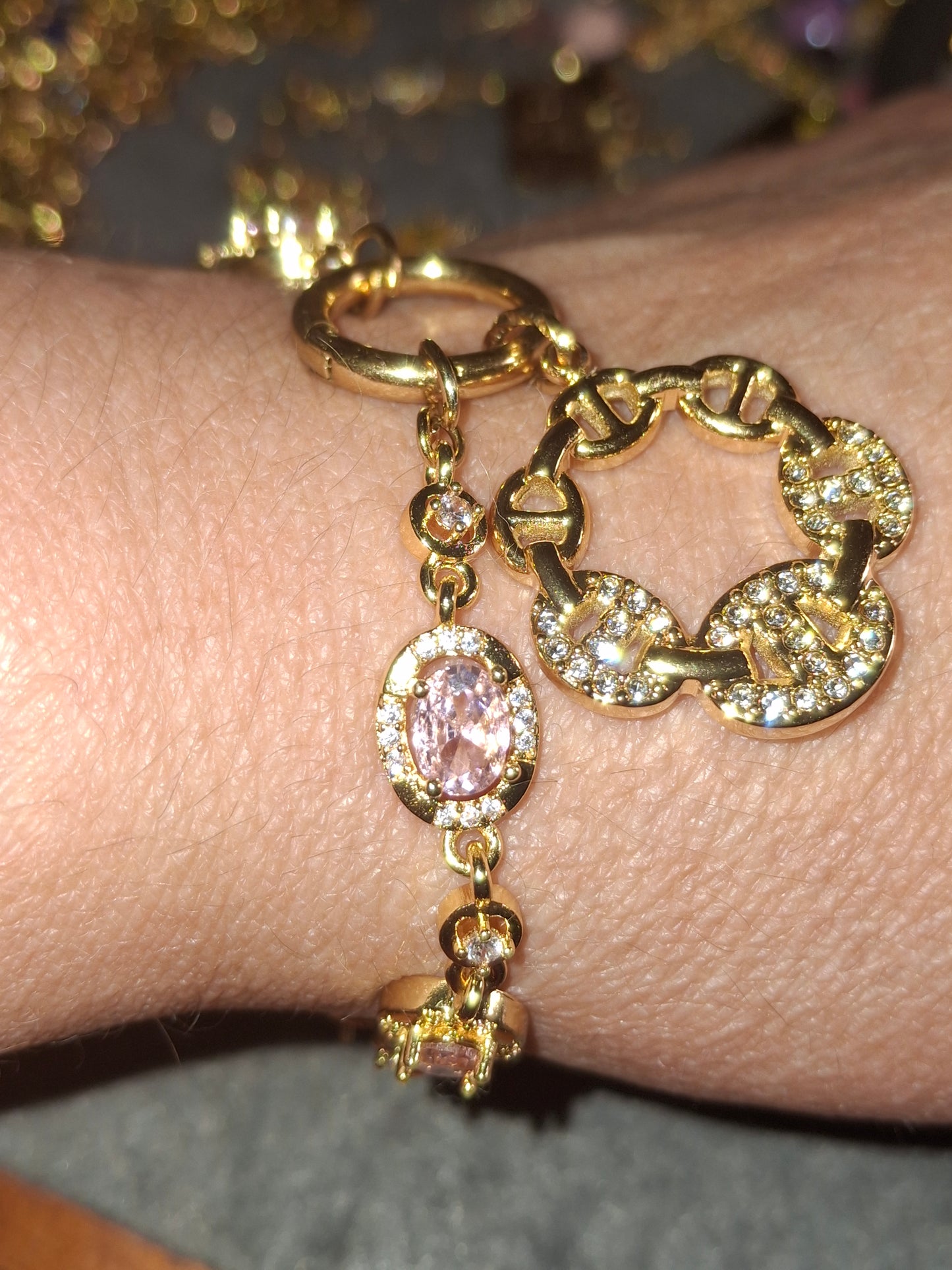 Armband Kette Edelstahl mit Kristall- und Zirkonia-Besatz Karabinerverschluss und polierter Edelstahl-Ankerkettenanhänger mit Zirkonia-Besatz handgefertigt