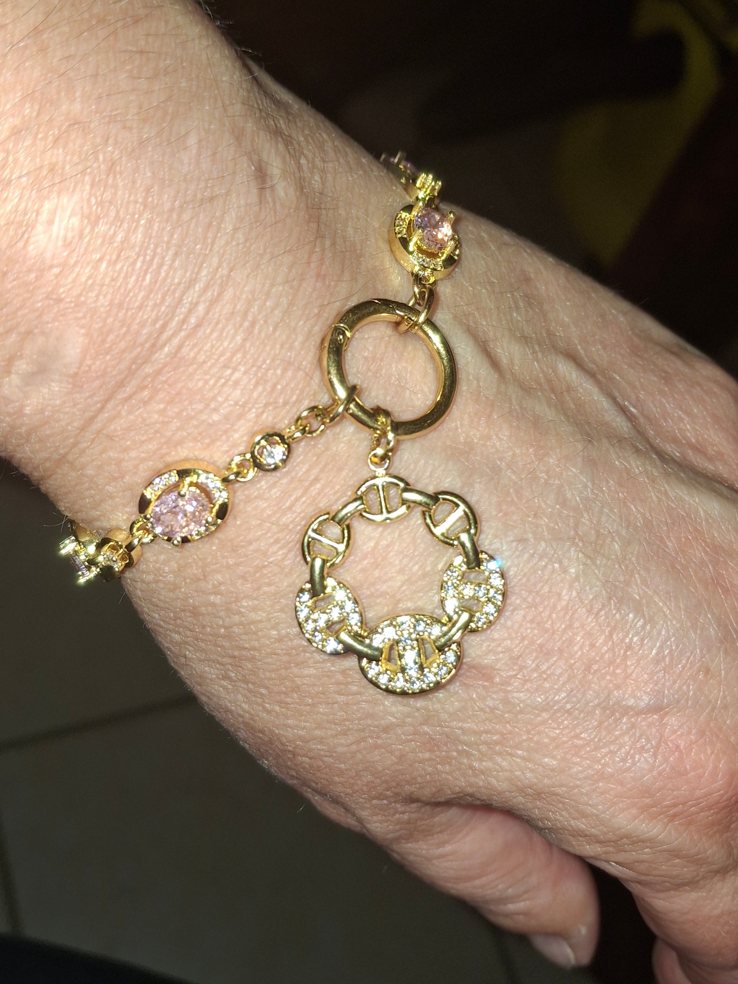 Armband Kette Edelstahl mit Kristall- und Zirkonia-Besatz Karabinerverschluss und polierter Edelstahl-Ankerkettenanhänger mit Zirkonia-Besatz handgefertigt