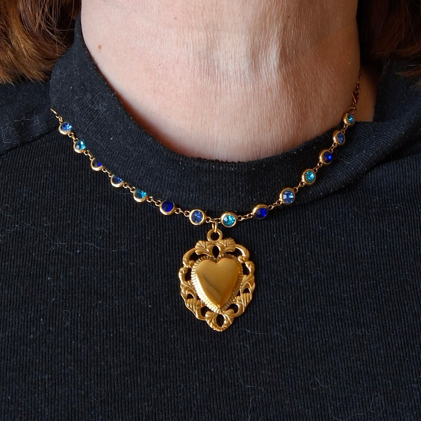 Collier chaîne coeur stainless steel 316 et chaîne stainless steel 316 cristal bleu pendentif coeur stainless steel 316 handmade