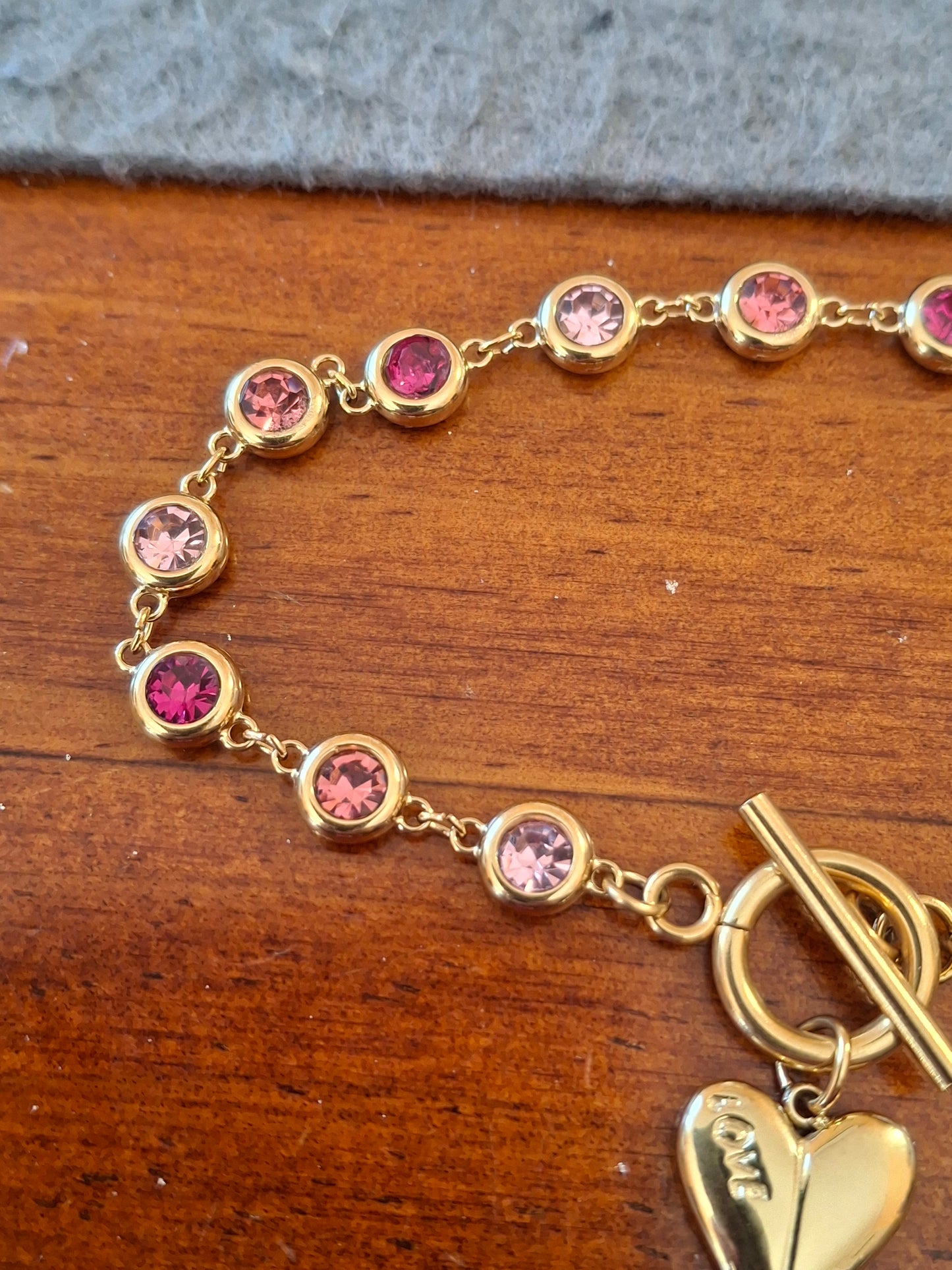 Armband, sehr schöne goldfarbene Kette, Edelstahl 316, mit Kristall besetzt, Knebelverschluss, Herzanhänger, Edelstahl 316