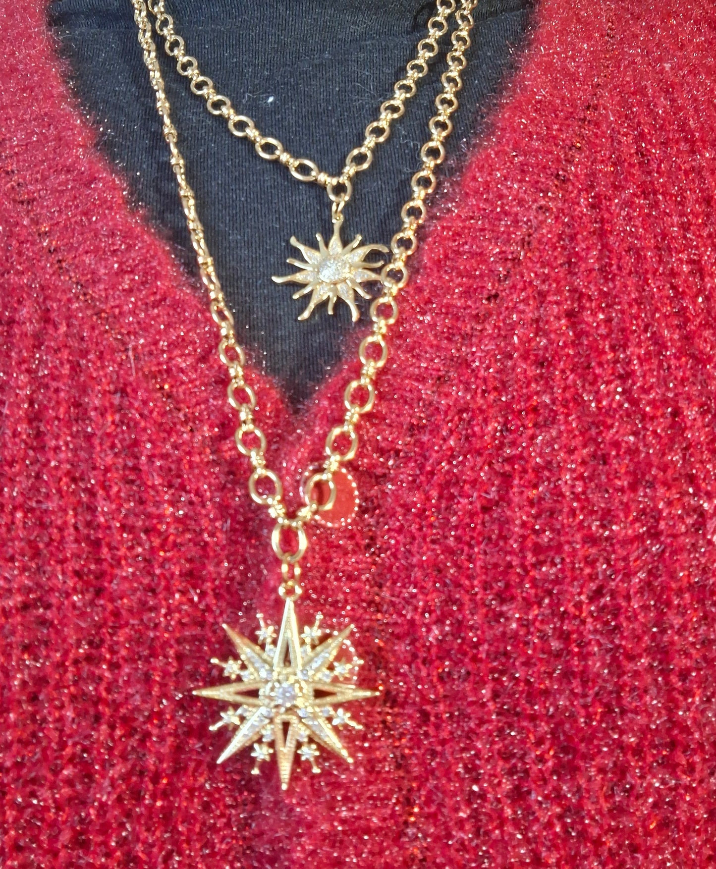 Collier chaîne maille gourmette stainless steel 316 grand pendentif soleil ou étoile plaqué or 18K serti zirconium AAA