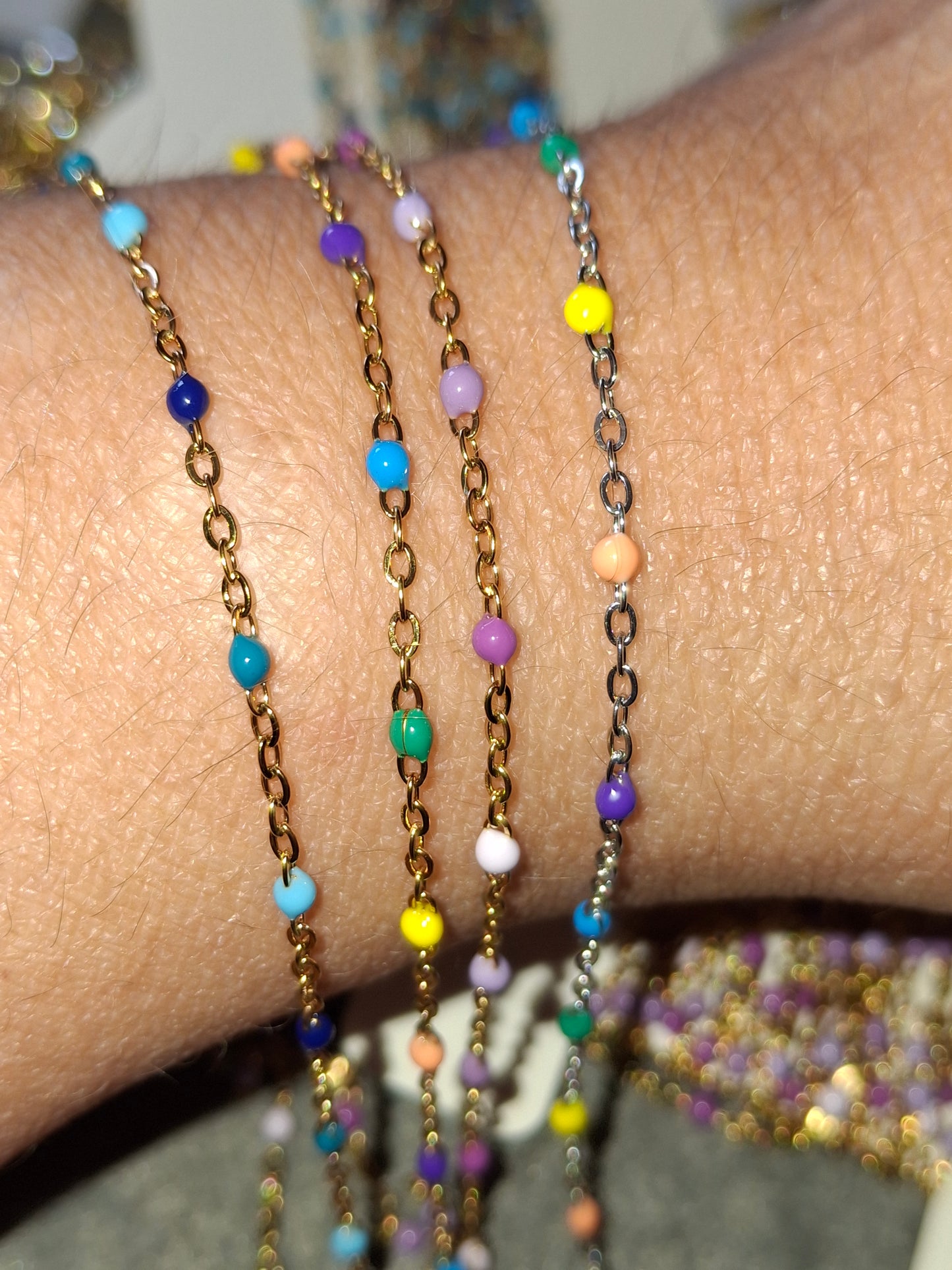 Bracelet chaîne acier inoxydable stainless steel 316 et perles en email coloré longueur sur mesure
