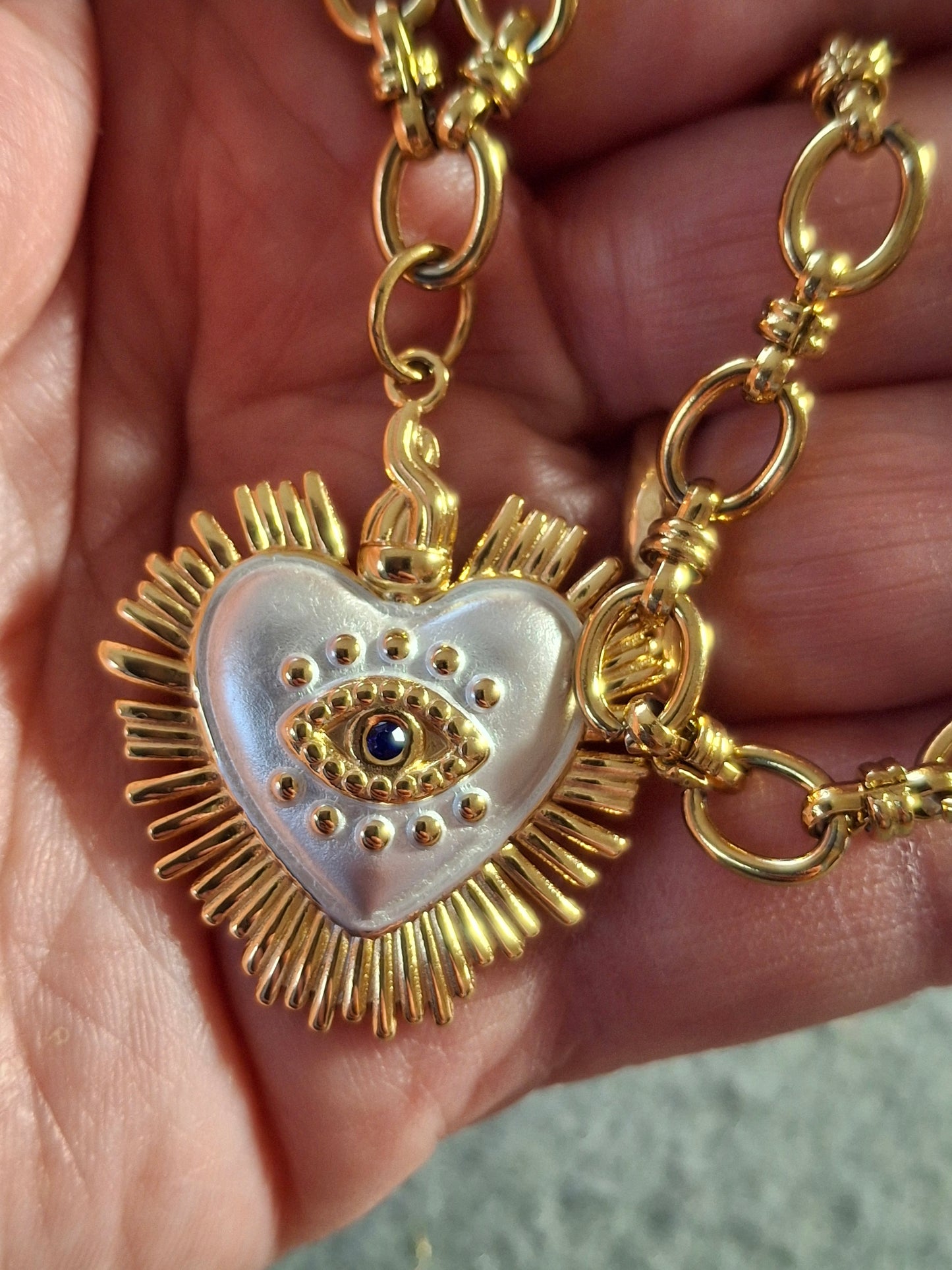 Collier chaîne maille gourmette stainless steel 316 grand cœur rétro stainless steel 316 email blanc œil de Turquie