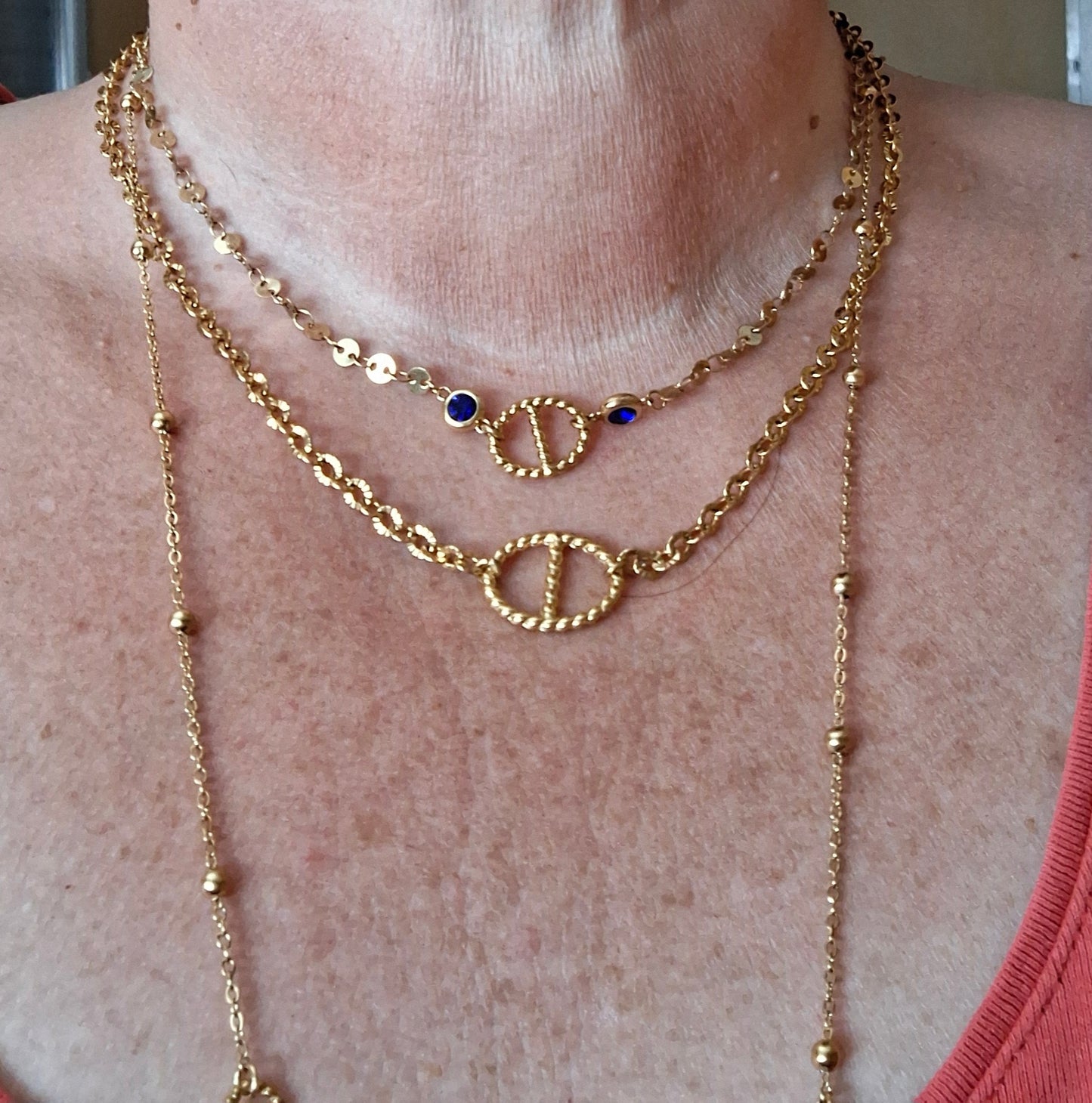 Ensemble 3 colliers acier inoxydable stainless steel 316 et maille marine, nez de cochon handmade