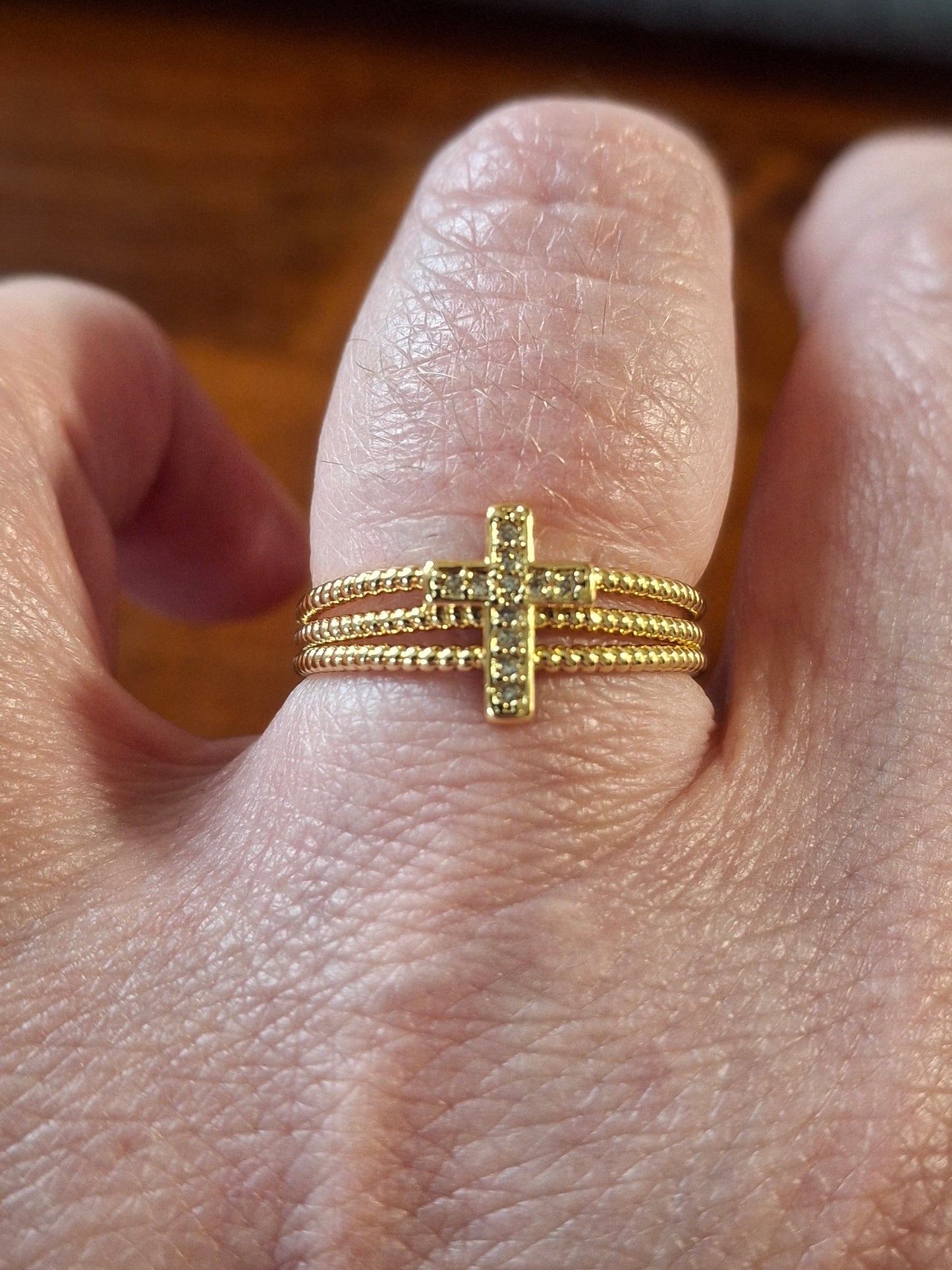 Bague acier inoxydable stainless steel 316 croix sertie zircon réglable ajustable or ou argent