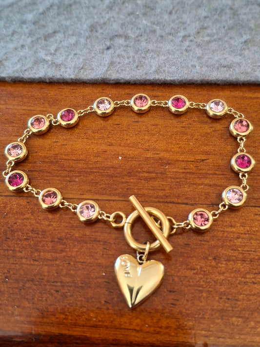 Armband, sehr schöne goldfarbene Kette, Edelstahl 316, mit Kristall besetzt, Knebelverschluss, Herzanhänger, Edelstahl 316